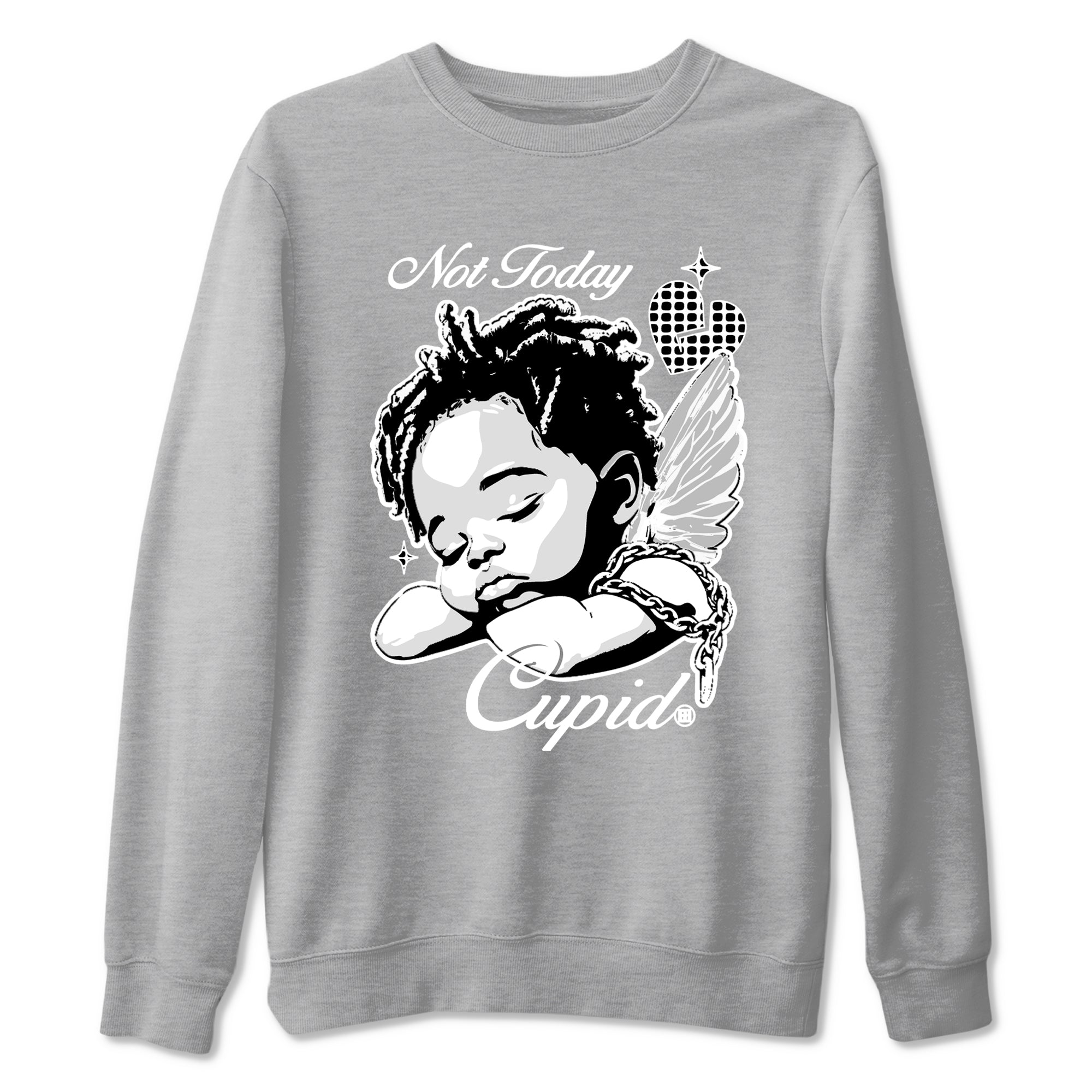 Not Today Cupid sneaker match t-shirt styled to complete your fit with the Air Foamposite One Triple White sneakers, graphic shirts in Heather Grey 2.