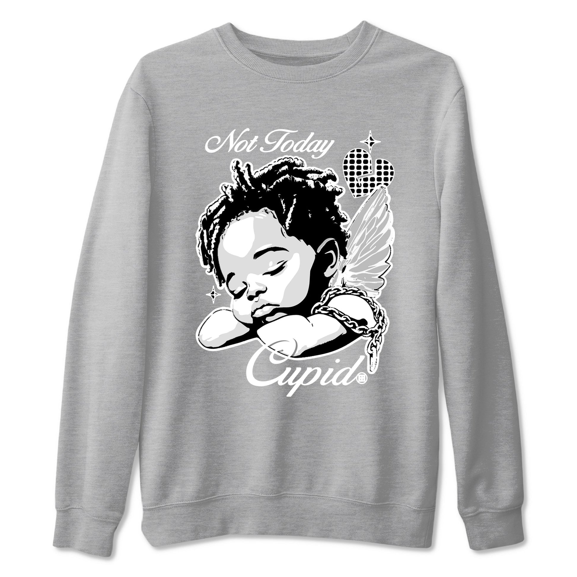 Not Today Cupid sneaker match t-shirt styled to complete your fit with the Air Foamposite One Triple White sneakers, graphic shirts in Heather Grey 2.