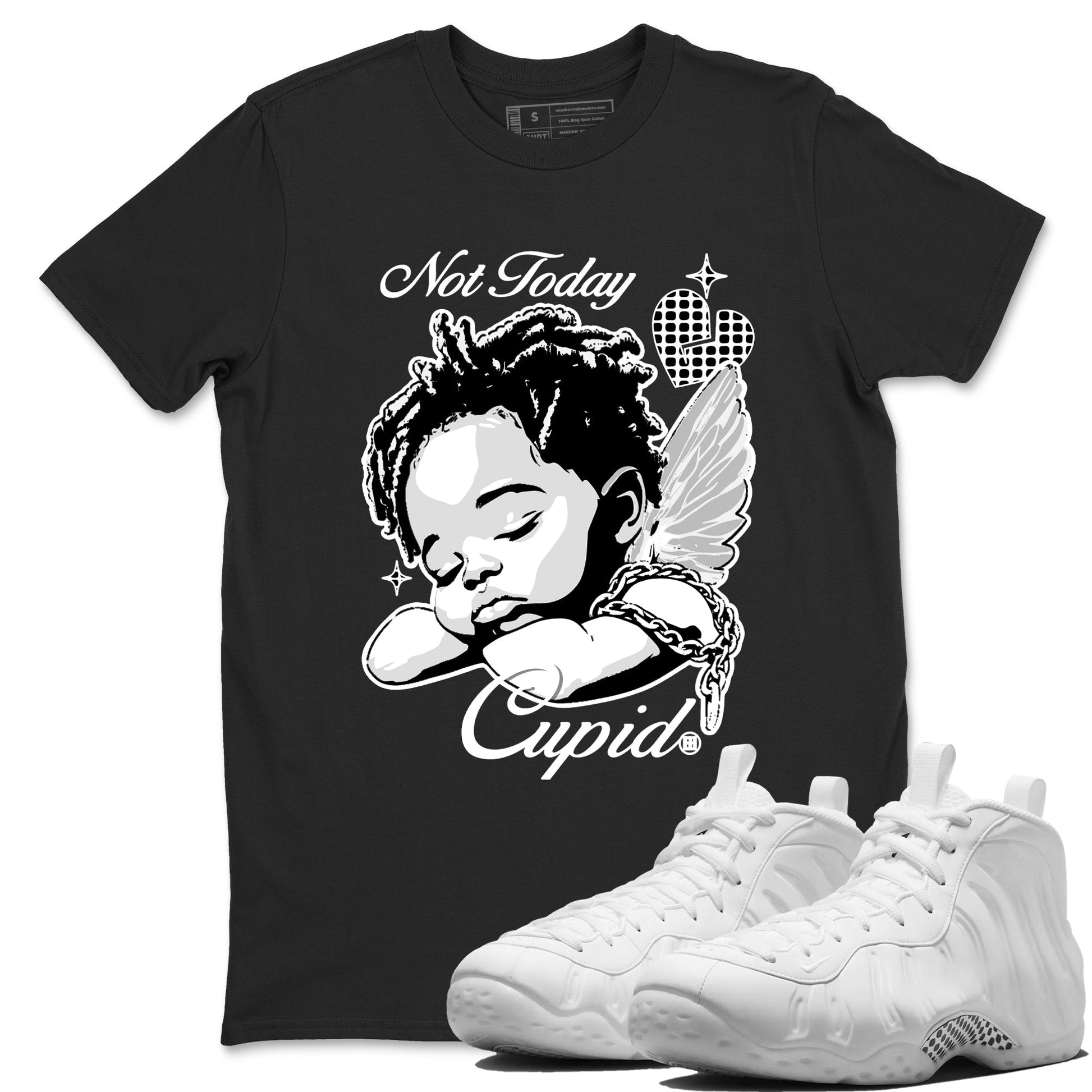 Not Today Cupid sneaker match t-shirt styled to complete your fit with the Air Foamposite One Triple White sneakers, graphic shirts in Black 1.