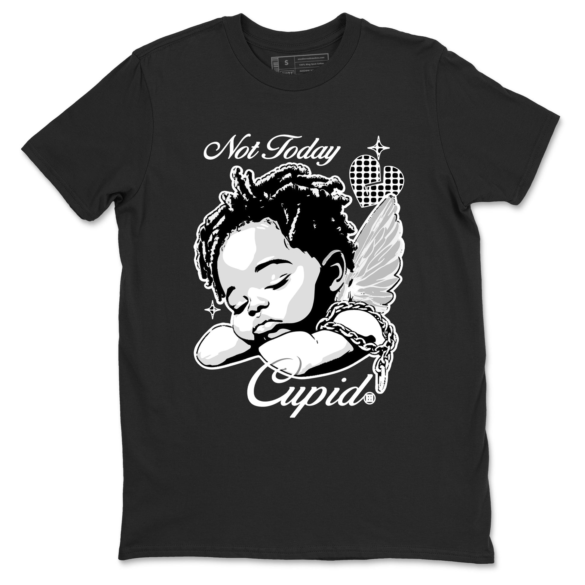 Not Today Cupid sneaker match t-shirt styled to complete your fit with the Air Foamposite One Triple White sneakers, graphic shirts in Black 2.