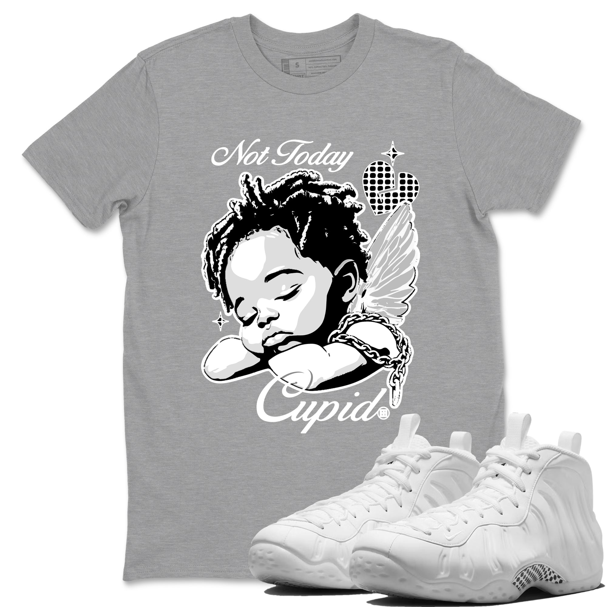Not Today Cupid sneaker match t-shirt styled to complete your fit with the Air Foamposite One Triple White sneakers, graphic shirts in Heather Grey 1.