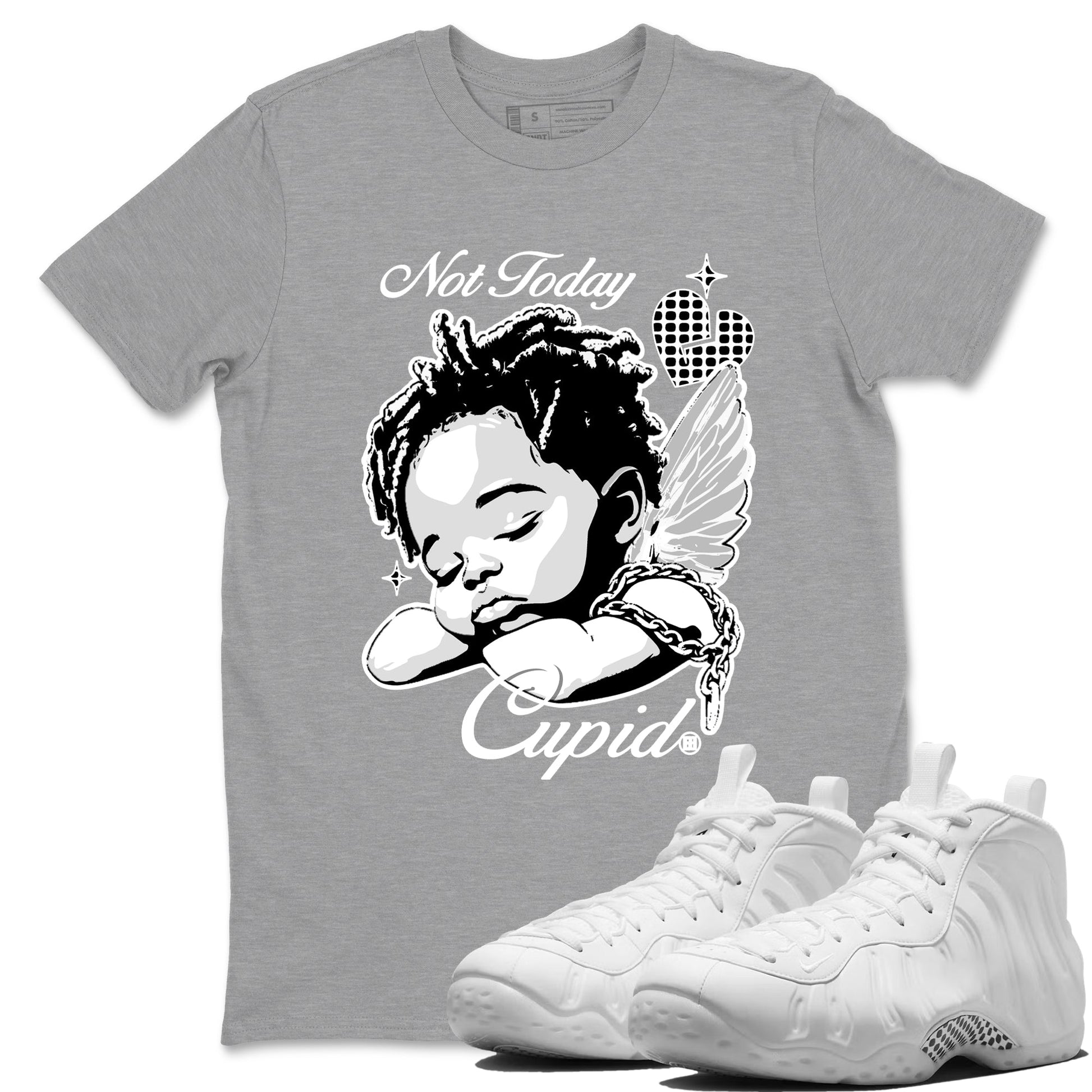 Not Today Cupid sneaker match t-shirt styled to complete your fit with the Air Foamposite One Triple White sneakers, graphic shirts in Heather Grey 1.