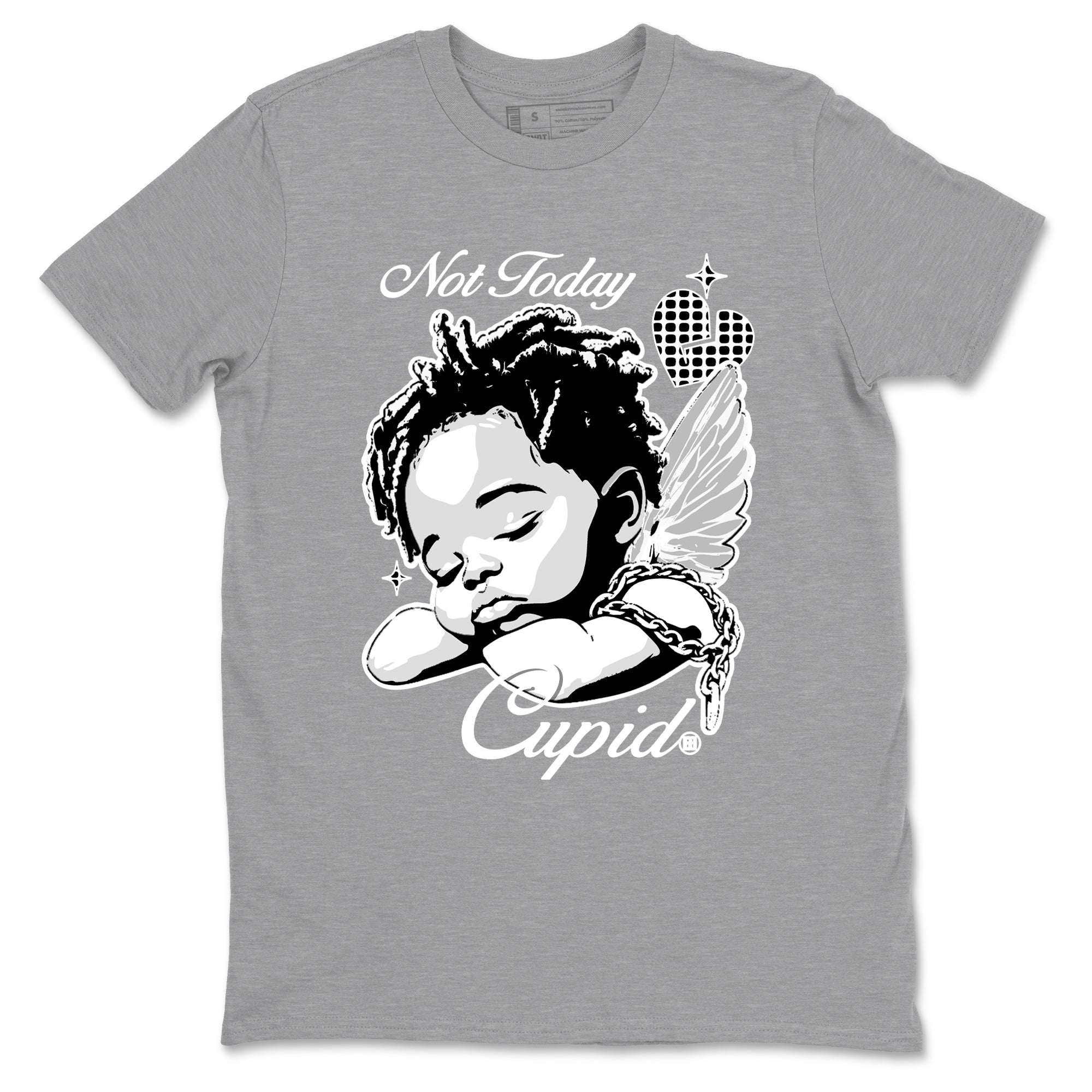 Not Today Cupid sneaker match t-shirt styled to complete your fit with the Air Foamposite One Triple White sneakers, graphic shirts in Heather Grey 2.