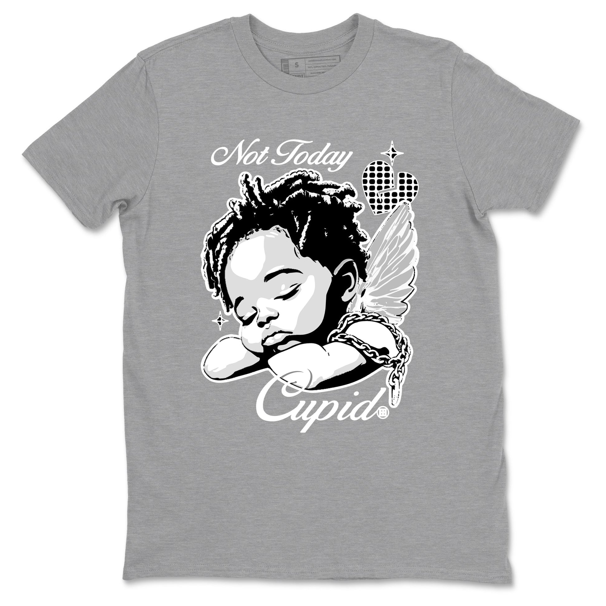 Not Today Cupid sneaker match t-shirt styled to complete your fit with the Air Foamposite One Triple White sneakers, graphic shirts in Heather Grey 2.