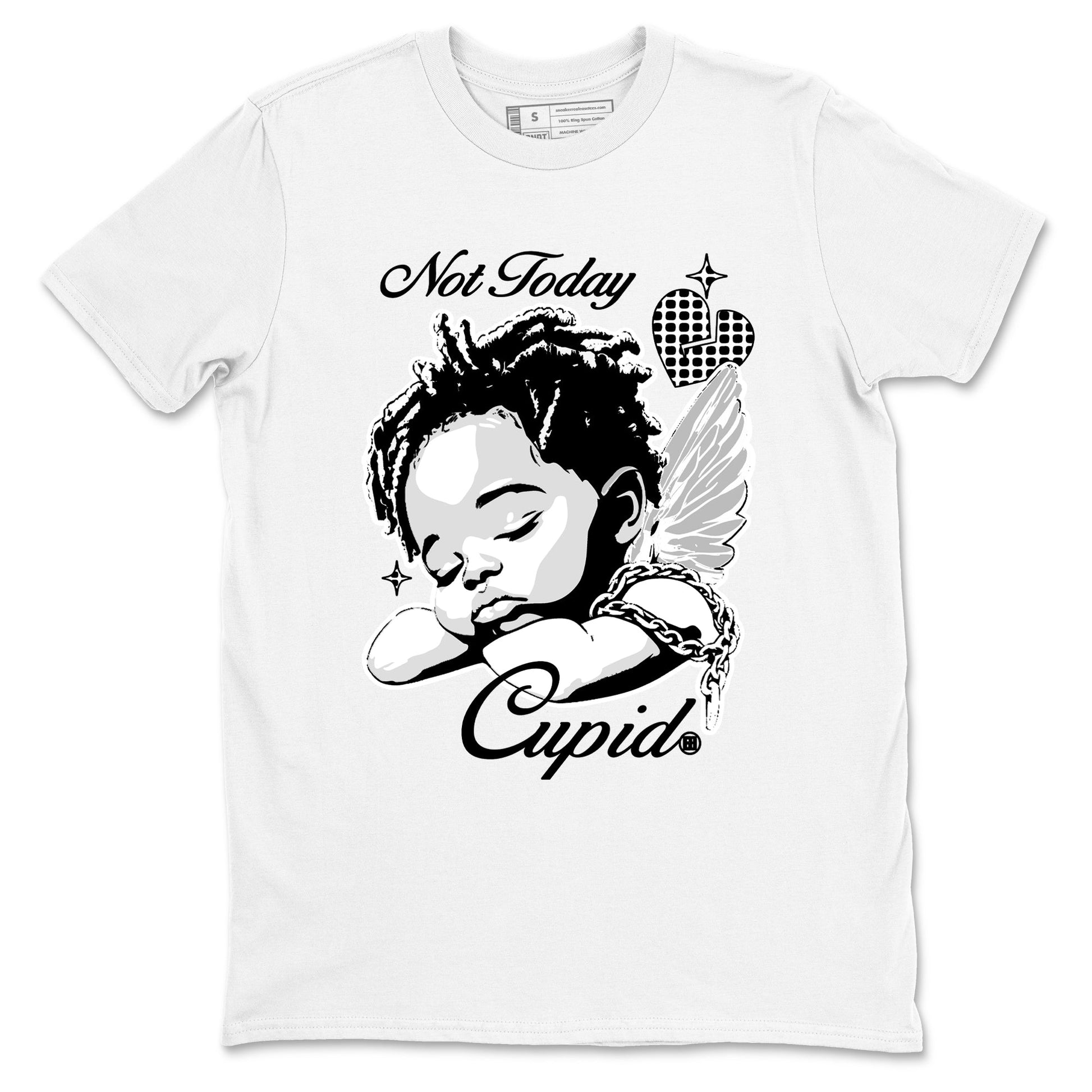 Not Today Cupid sneaker match t-shirt styled to complete your fit with the Air Foamposite One Triple White sneakers, graphic shirts in White 2.