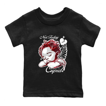 Not Today Cupid baby and kids t-shirt crafted for little sneakerheads to shine with the Air Jordan 1 Ruby sneakers, displayed in Black 2.