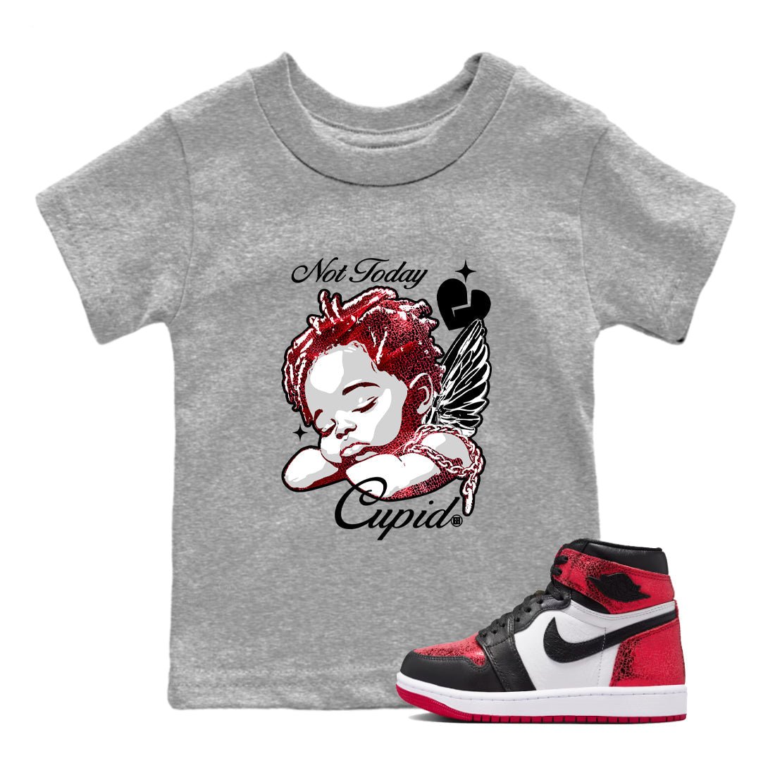 Not Today Cupid baby and kids t-shirt crafted for little sneakerheads to shine with the Air Jordan 1 Ruby sneakers, displayed in Heather Grey 1.