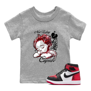 Not Today Cupid baby and kids t-shirt crafted for little sneakerheads to shine with the Air Jordan 1 Ruby sneakers, displayed in Heather Grey 1.