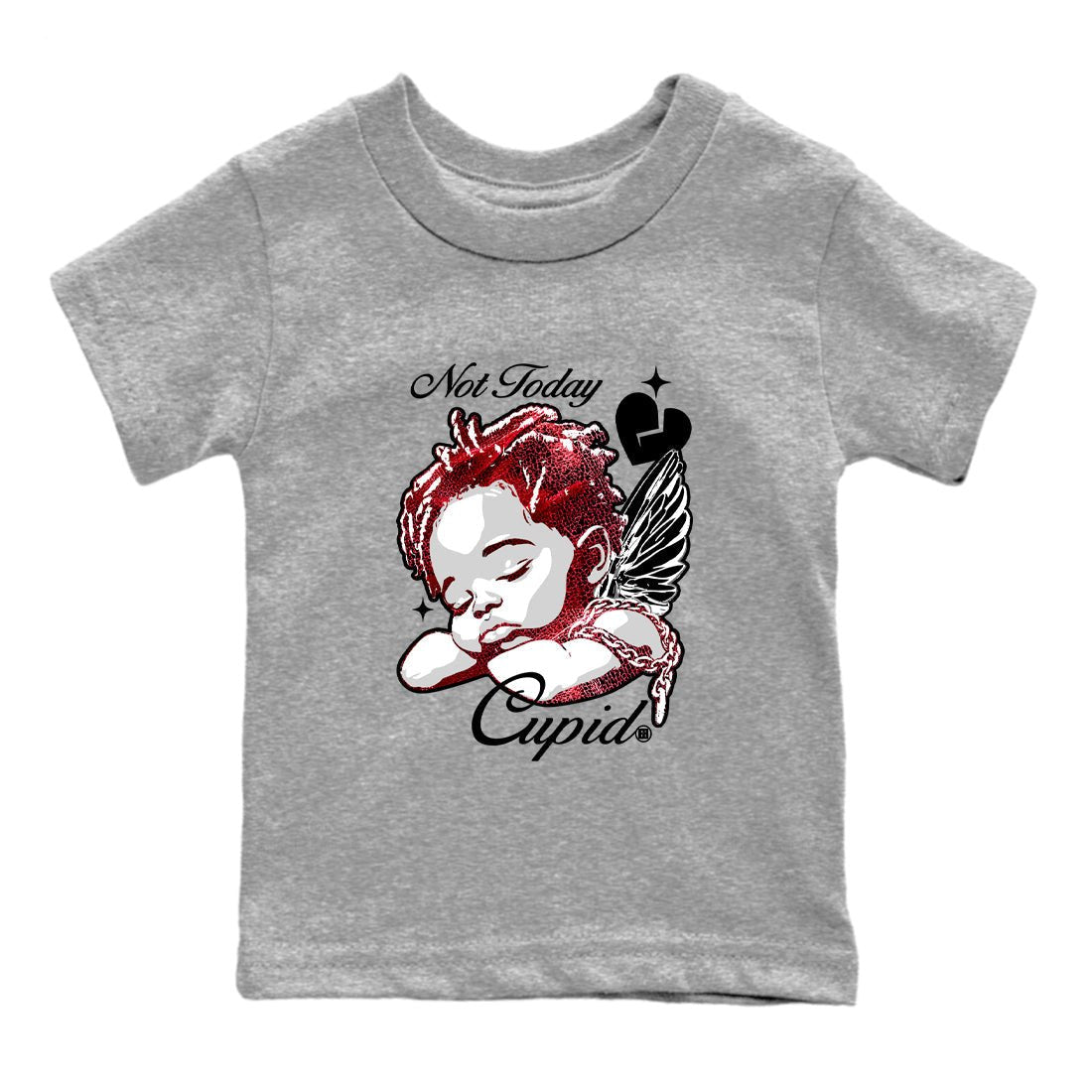 Not Today Cupid baby and kids t-shirt crafted for little sneakerheads to shine with the Air Jordan 1 Ruby sneakers, displayed in Heather Grey 2.