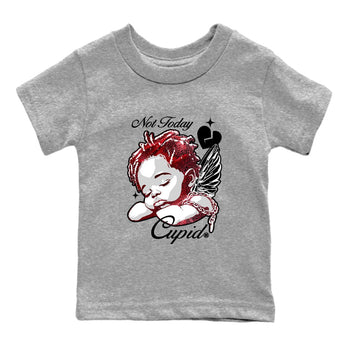 Not Today Cupid baby and kids t-shirt crafted for little sneakerheads to shine with the Air Jordan 1 Ruby sneakers, displayed in Heather Grey 2.