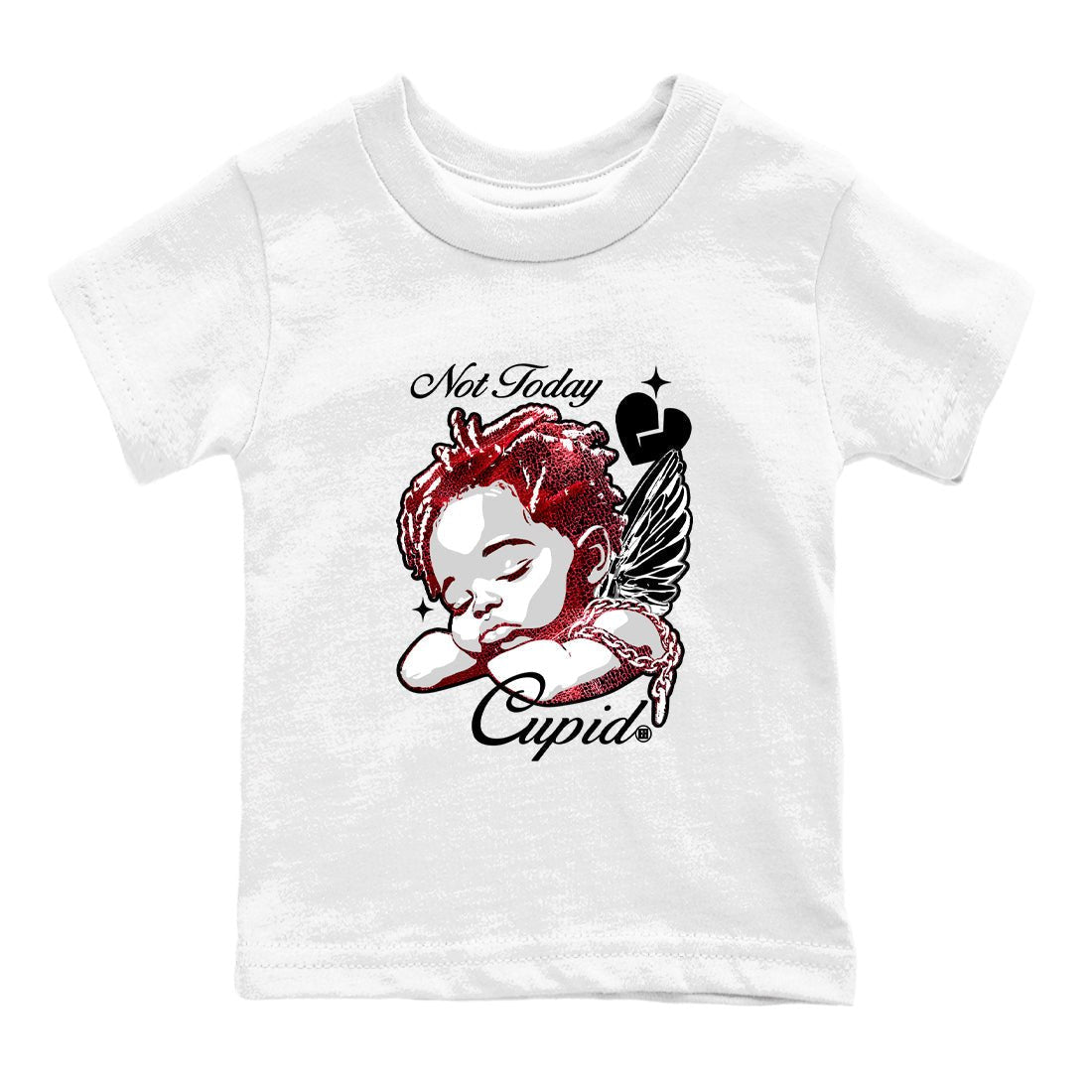 Not Today Cupid baby and kids t-shirt crafted for little sneakerheads to shine with the Air Jordan 1 Ruby sneakers, displayed in White 2.