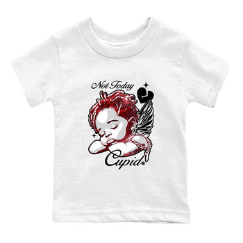Not Today Cupid baby and kids t-shirt crafted for little sneakerheads to shine with the Air Jordan 1 Ruby sneakers, displayed in White 2.