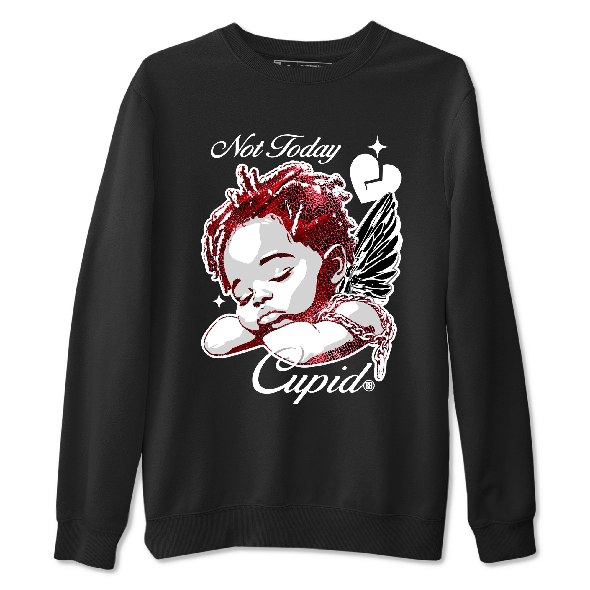 Not Today Cupid sneaker match t-shirt styled to complete your fit with the Air Jordan 1 Ruby sneakers, shown in Black 2.