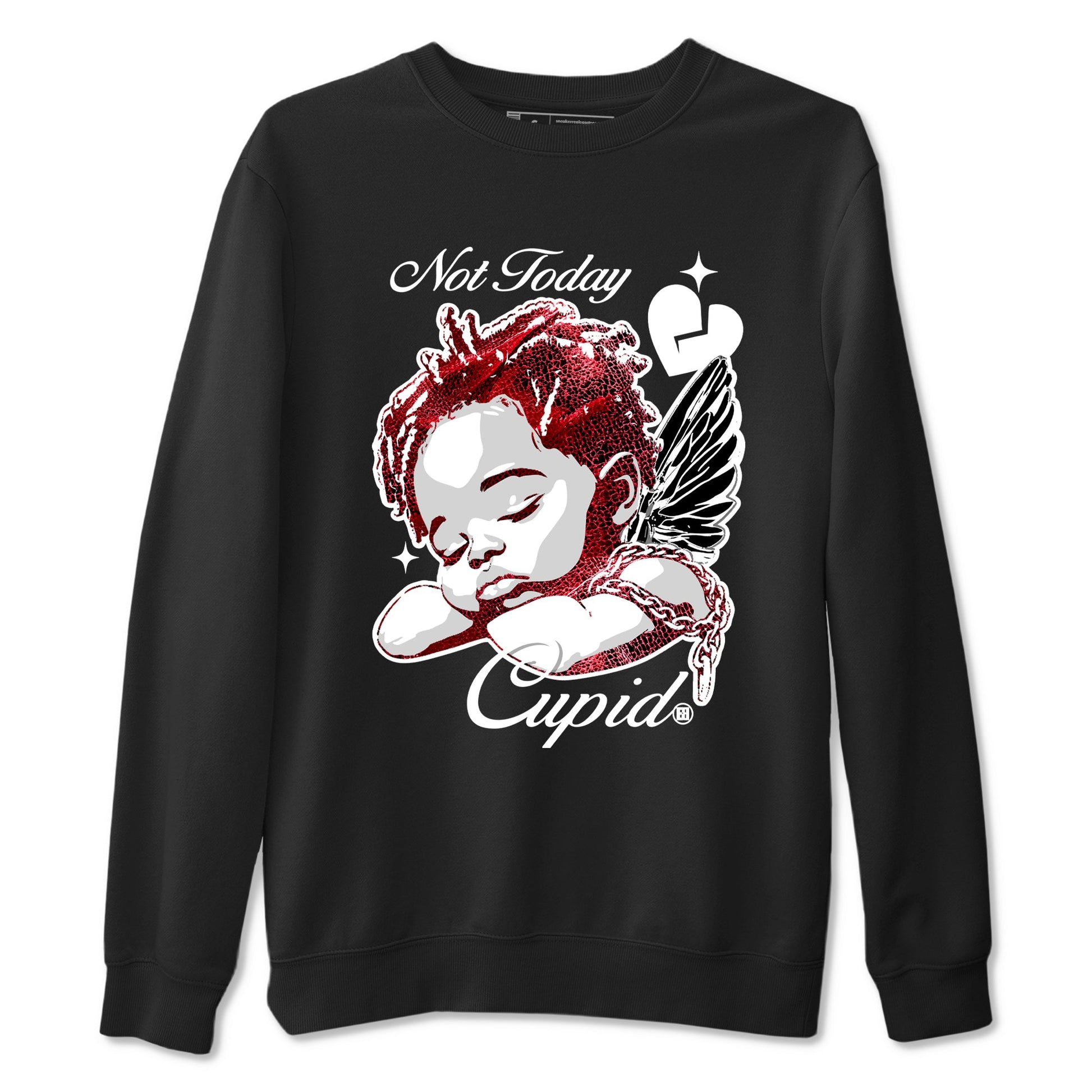 Not Today Cupid sneaker match t-shirt styled to complete your fit with the Air Jordan 1 Ruby sneakers, shown in Black 2.