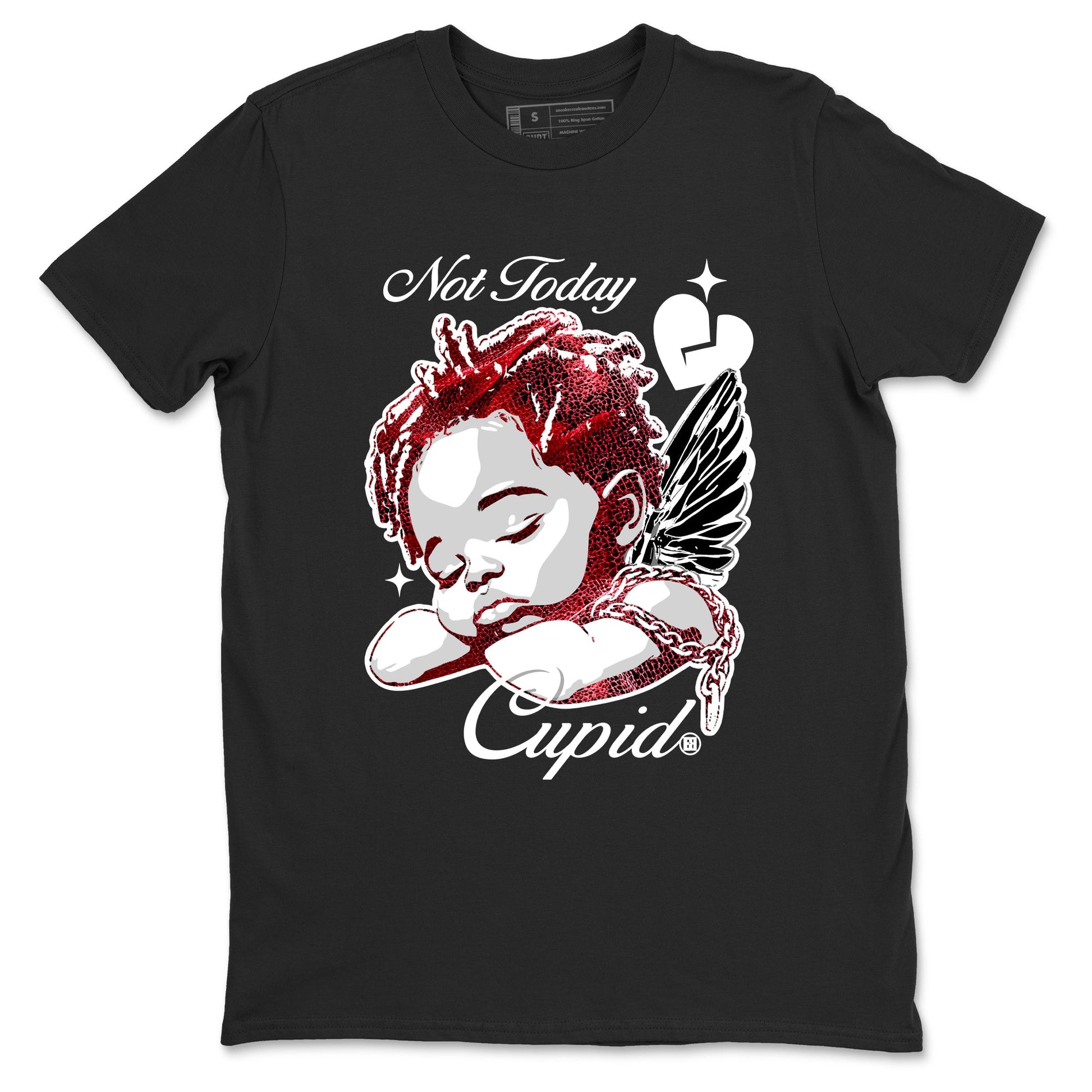 Not Today Cupid sneaker match t-shirt styled to complete your fit with the Air Jordan 1 Ruby sneakers, shown in Black 2.