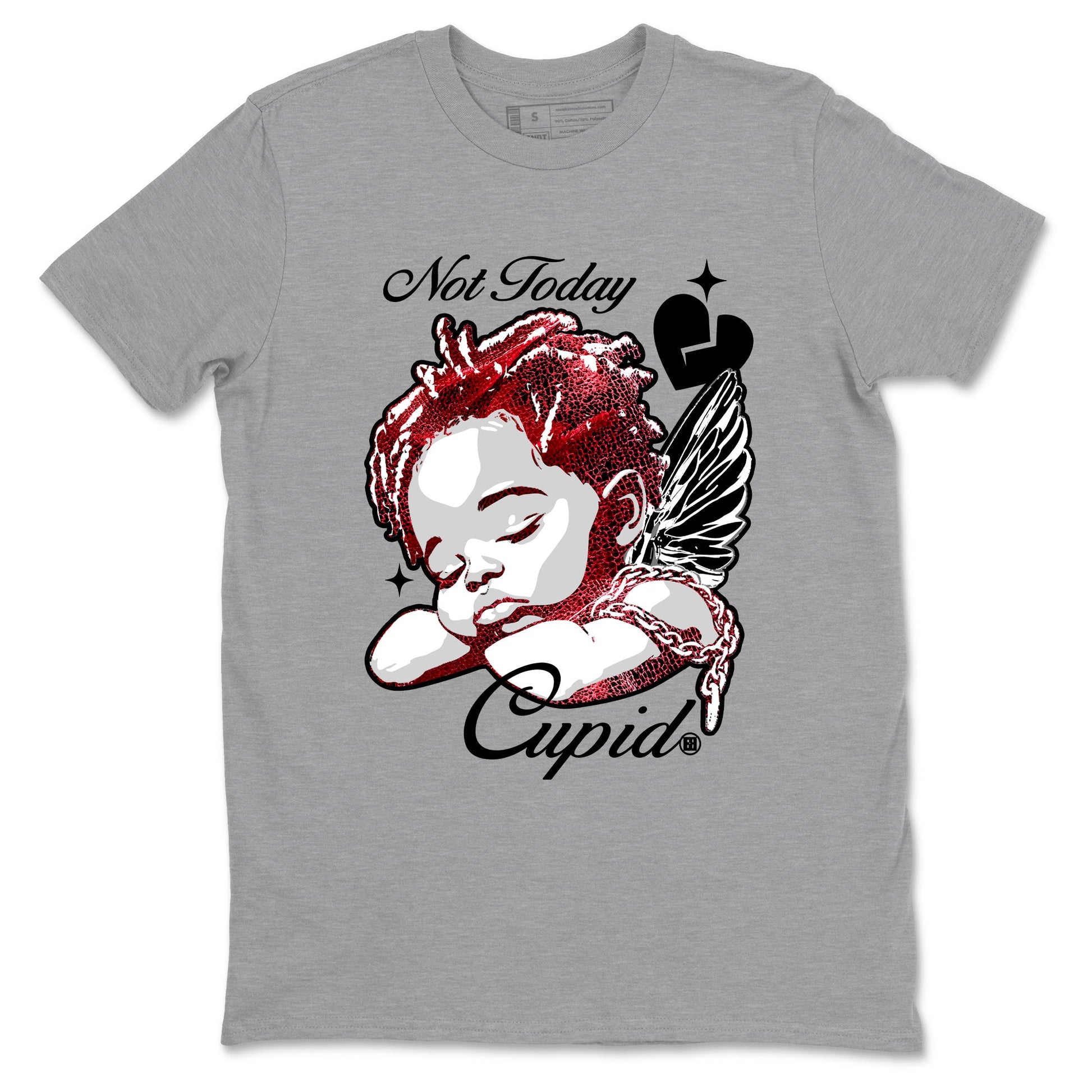 Not Today Cupid sneaker match t-shirt styled to complete your fit with the Air Jordan 1 Ruby sneakers, shown in Heather Grey 2.