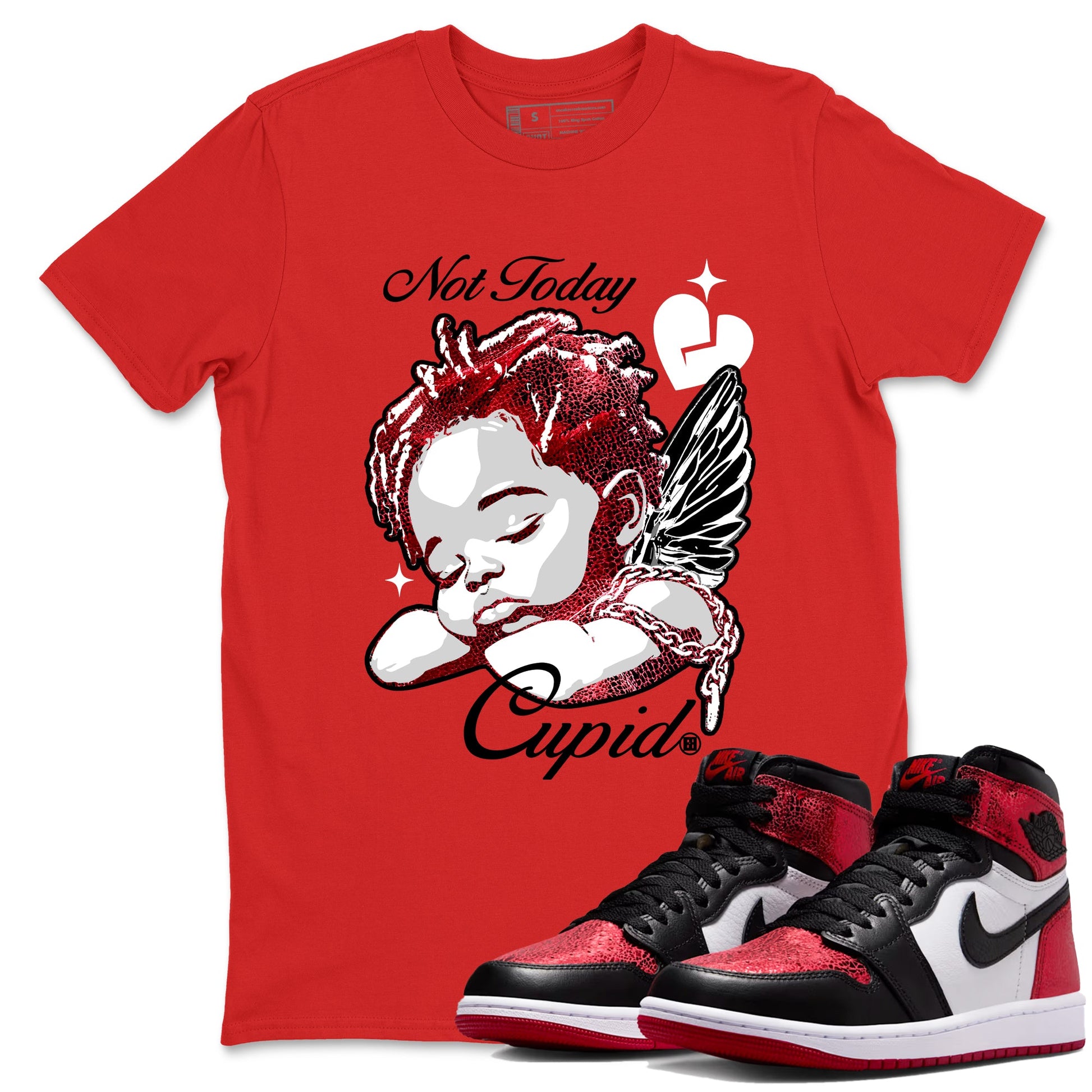 Not Today Cupid sneaker match t-shirt styled to complete your fit with the Air Jordan 1 Ruby sneakers, shown in Red 1.