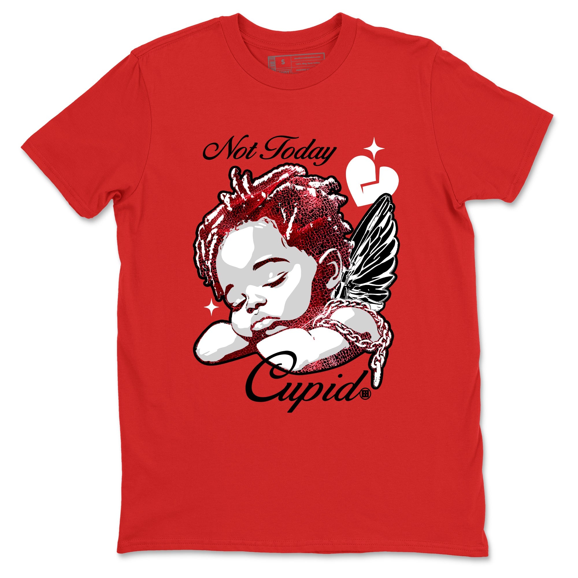 Not Today Cupid sneaker match t-shirt styled to complete your fit with the Air Jordan 1 Ruby sneakers, shown in Red 2.