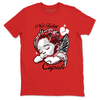 Not Today Cupid sneaker match t-shirt styled to complete your fit with the Air Jordan 1 Ruby sneakers, shown in Red 2.