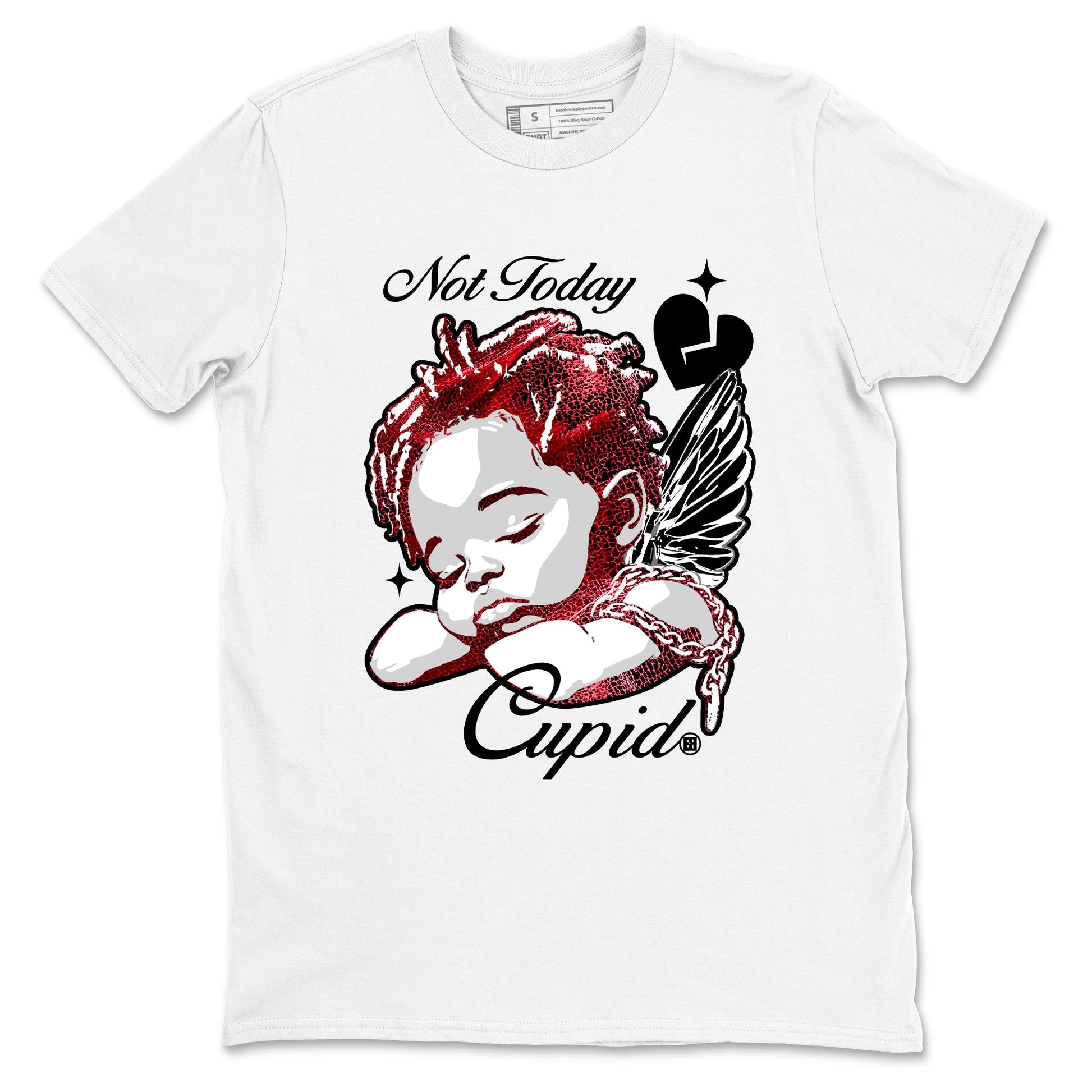 Not Today Cupid sneaker match t-shirt styled to complete your fit with the Air Jordan 1 Ruby sneakers, shown in White 2.