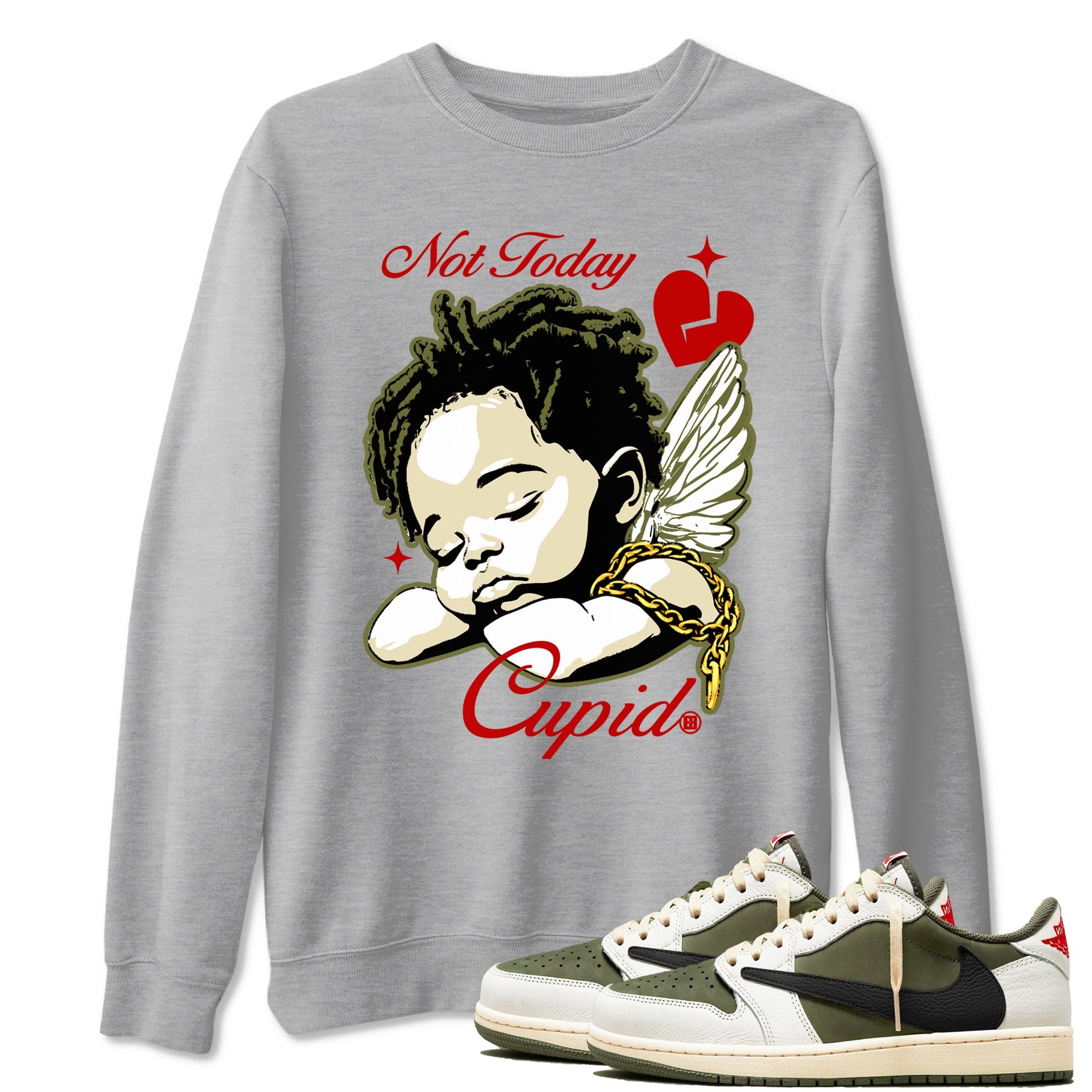 Air Jordan 1 x Travis Scott Medium Olive shirts to match jordans Not Today Cupid sneaker match tees Air Jordan 1 Travis Scott Medium Olive best t shirts to wear with jordans SNRT Sneaker Tees unisex cotton Heather Grey 1 shirts