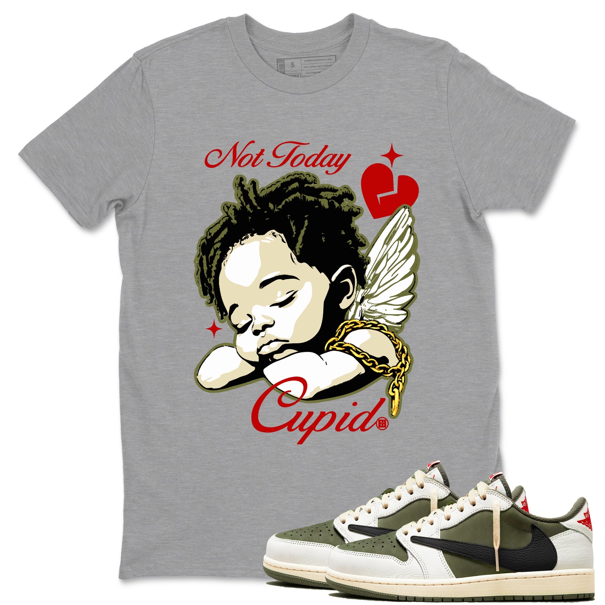 Air Jordan 1 x Travis Scott Medium Olive shirts to match jordans Not Today Cupid sneaker match tees Air Jordan 1 Travis Scott Medium Olive best t shirts to wear with jordans SNRT Sneaker Tees unisex cotton Heather Grey 1 shirts