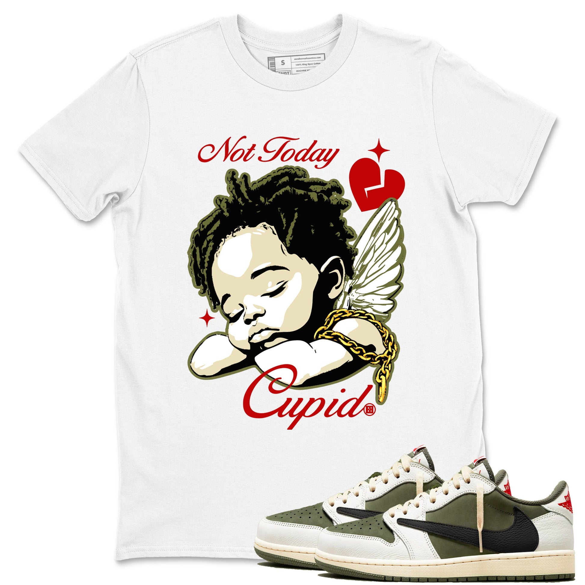 Air Jordan 1 x Travis Scott Medium Olive shirts to match jordans Not Today Cupid sneaker match tees Air Jordan 1 Travis Scott Medium Olive best t shirts to wear with jordans SNRT Sneaker Tees unisex cotton White 1 shirts