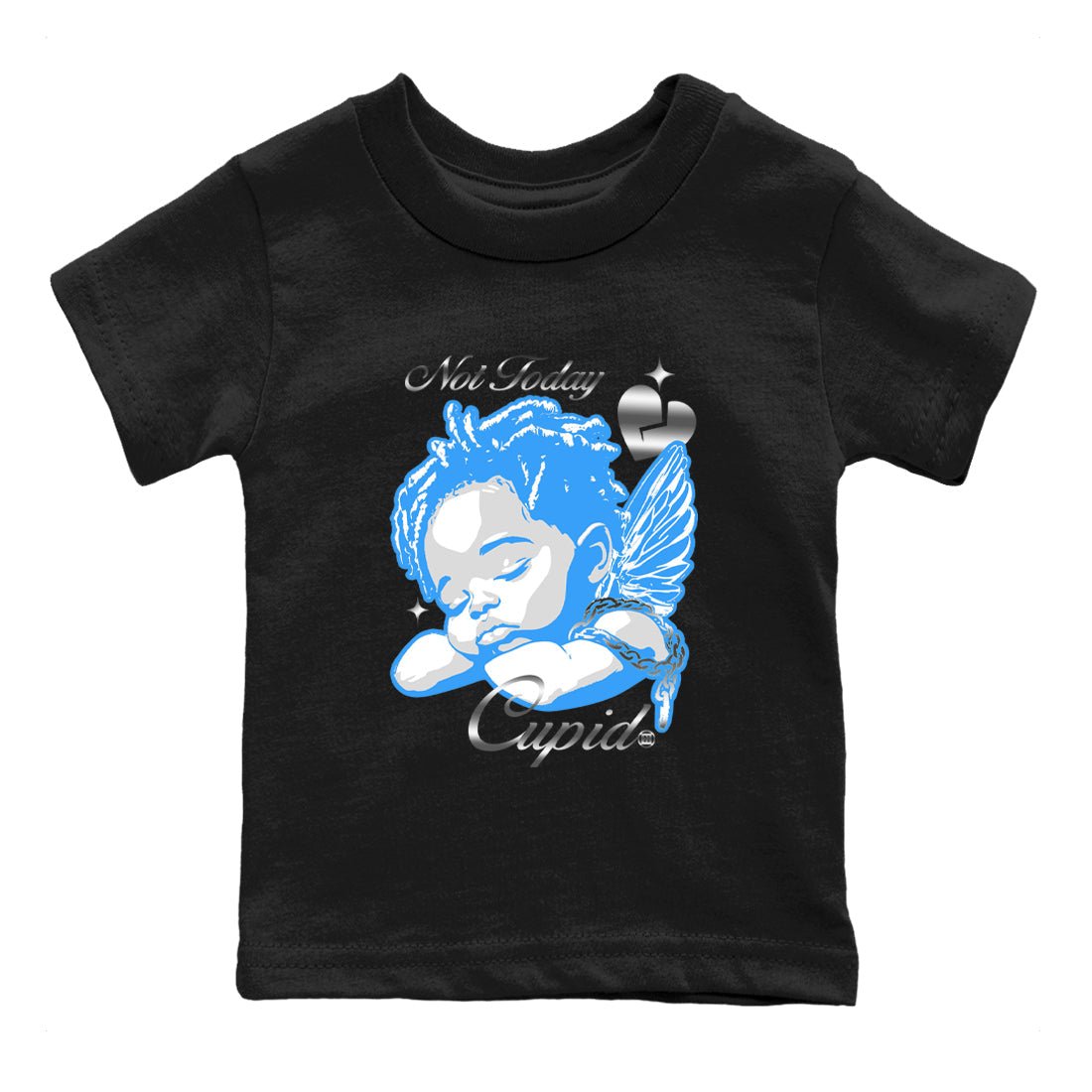 Not Today Cupid baby and kids t-shirt crafted for little sneakerheads to shine with the Air Jordan 12 White and University Blue sneakers, displayed in Black 2.