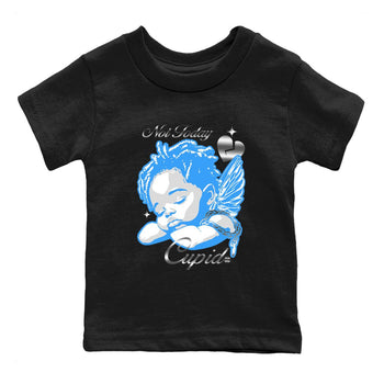 Not Today Cupid baby and kids t-shirt crafted for little sneakerheads to shine with the Air Jordan 12 White and University Blue sneakers, displayed in Black 2.