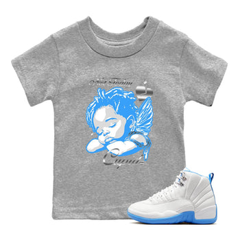 Not Today Cupid baby and kids t-shirt crafted for little sneakerheads to shine with the Air Jordan 12 White and University Blue sneakers, displayed in Heather Grey 1.
