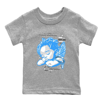 Not Today Cupid baby and kids t-shirt crafted for little sneakerheads to shine with the Air Jordan 12 White and University Blue sneakers, displayed in Heather Grey 2.