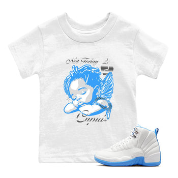 Not Today Cupid baby and kids t-shirt crafted for little sneakerheads to shine with the Air Jordan 12 White and University Blue sneakers, displayed in White 1.
