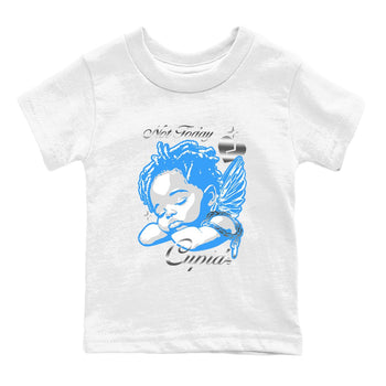 Not Today Cupid baby and kids t-shirt crafted for little sneakerheads to shine with the Air Jordan 12 White and University Blue sneakers, displayed in White 2.