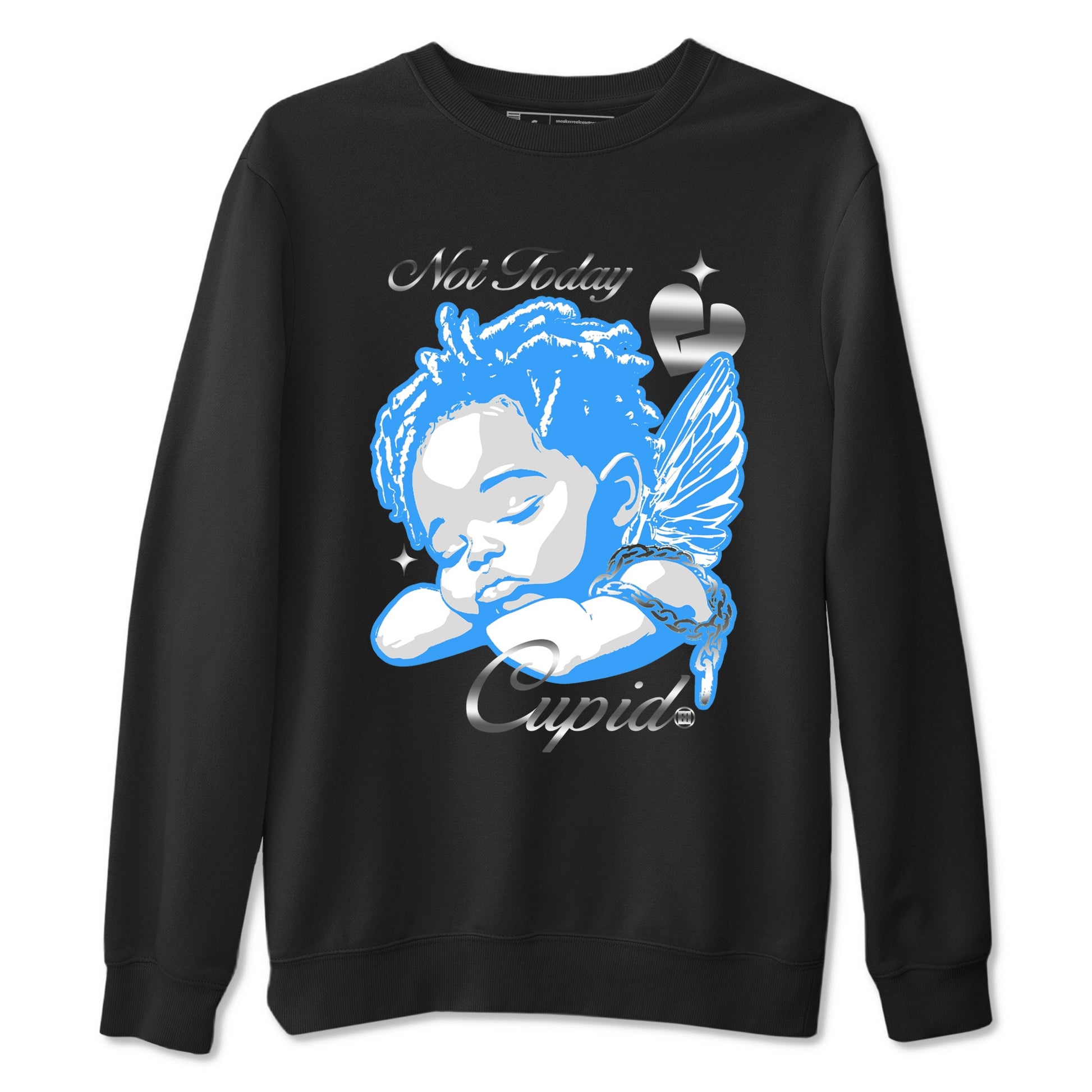 Not Today Cupid sneaker match t-shirt styled to complete your fit with the Air Jordan 12 White and University Blue sneakers, shown in Black 2.