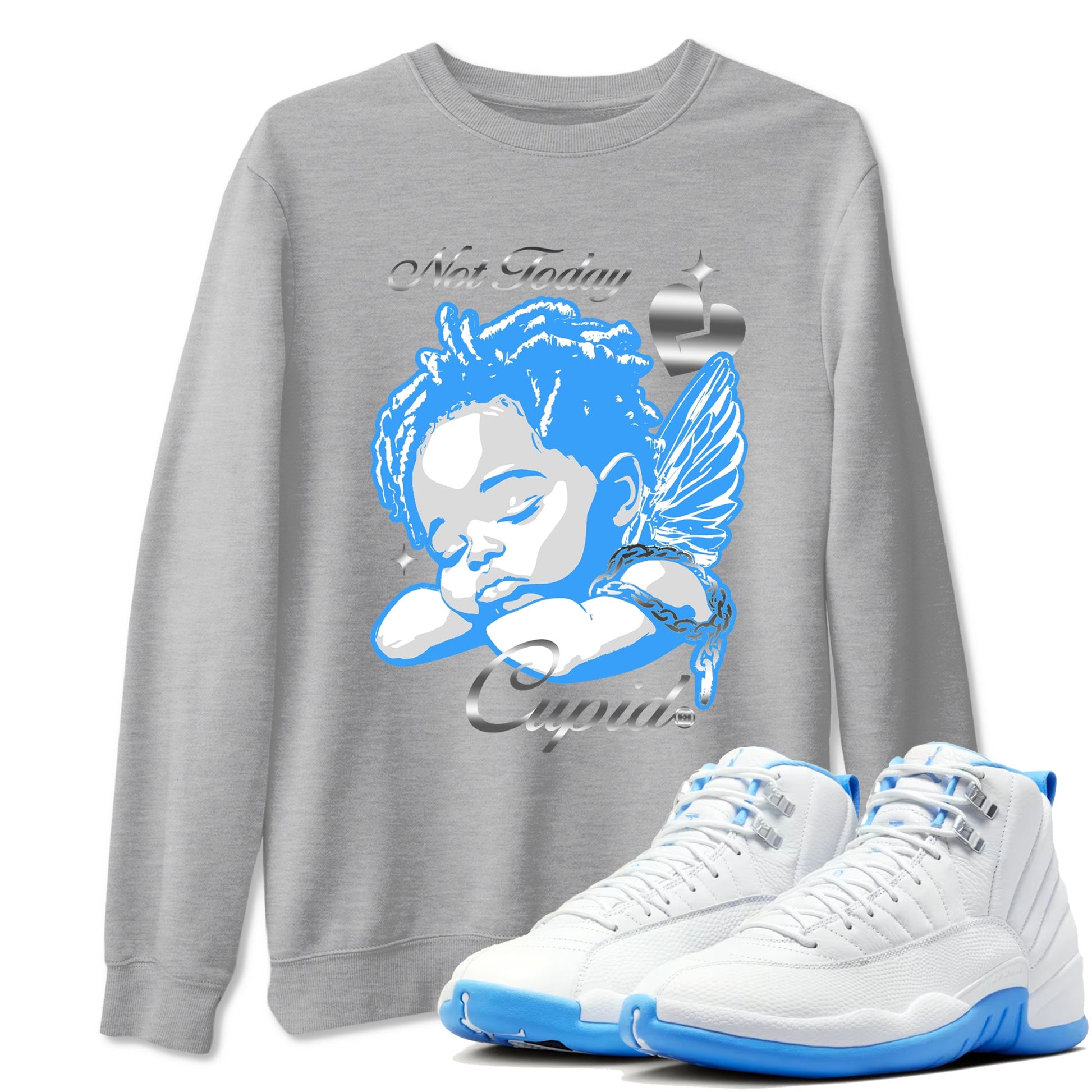 Not Today Cupid sneaker match t-shirt styled to complete your fit with the Air Jordan 12 White and University Blue sneakers, shown in Heather Grey 1.