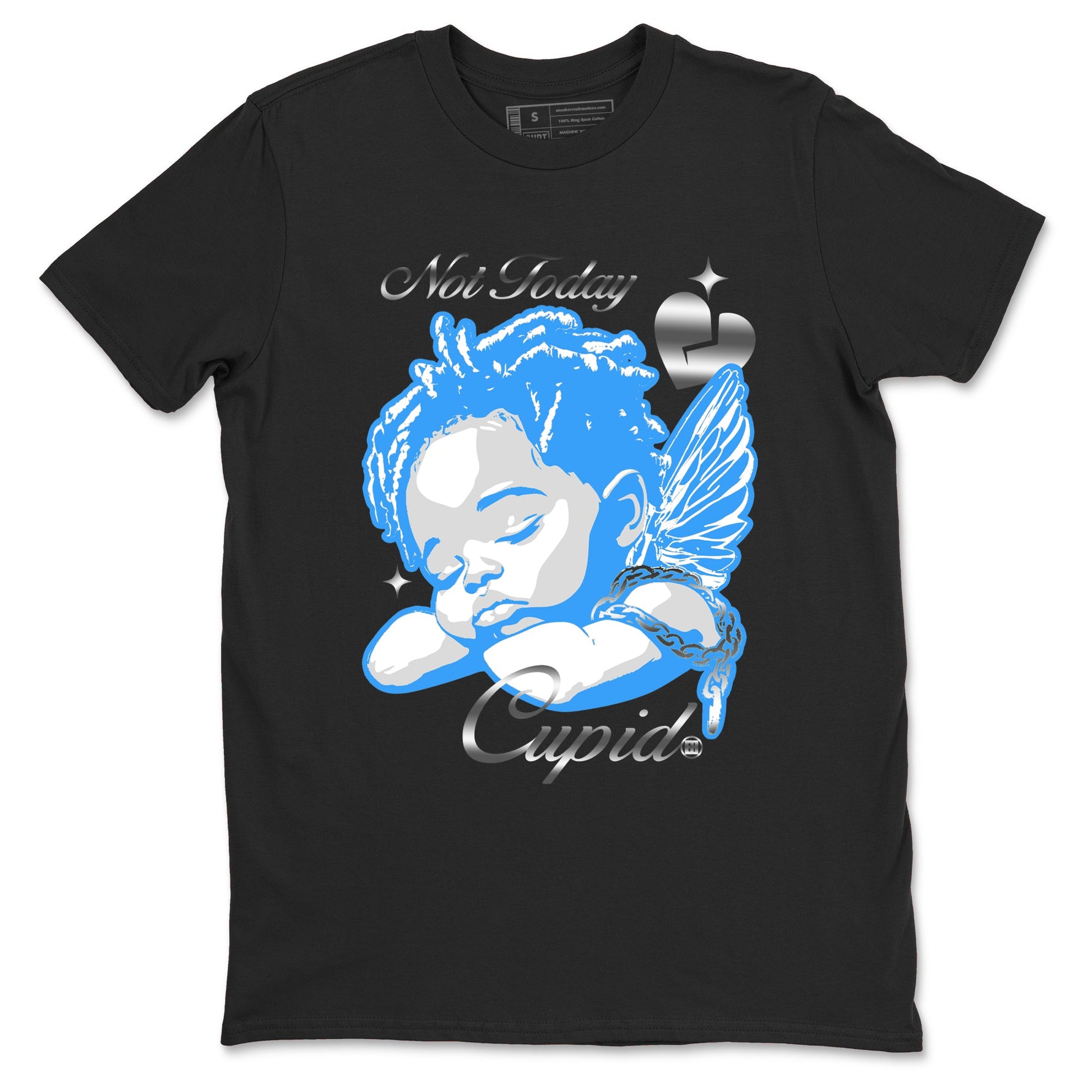 Not Today Cupid sneaker match t-shirt styled to complete your fit with the Air Jordan 12 White and University Blue sneakers, shown in Black 2.