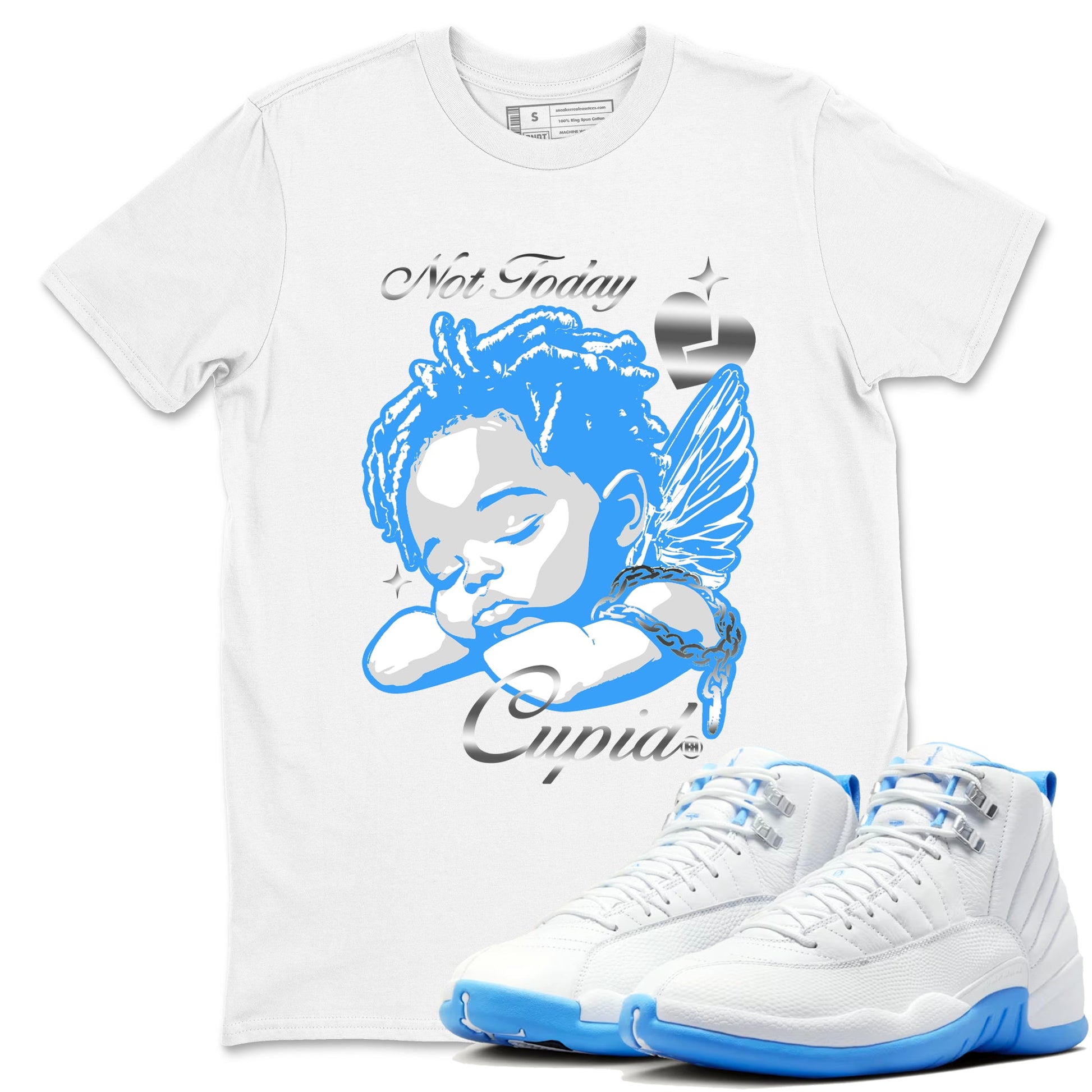 Not Today Cupid sneaker match t-shirt styled to complete your fit with the Air Jordan 12 White and University Blue sneakers, shown in White 1.