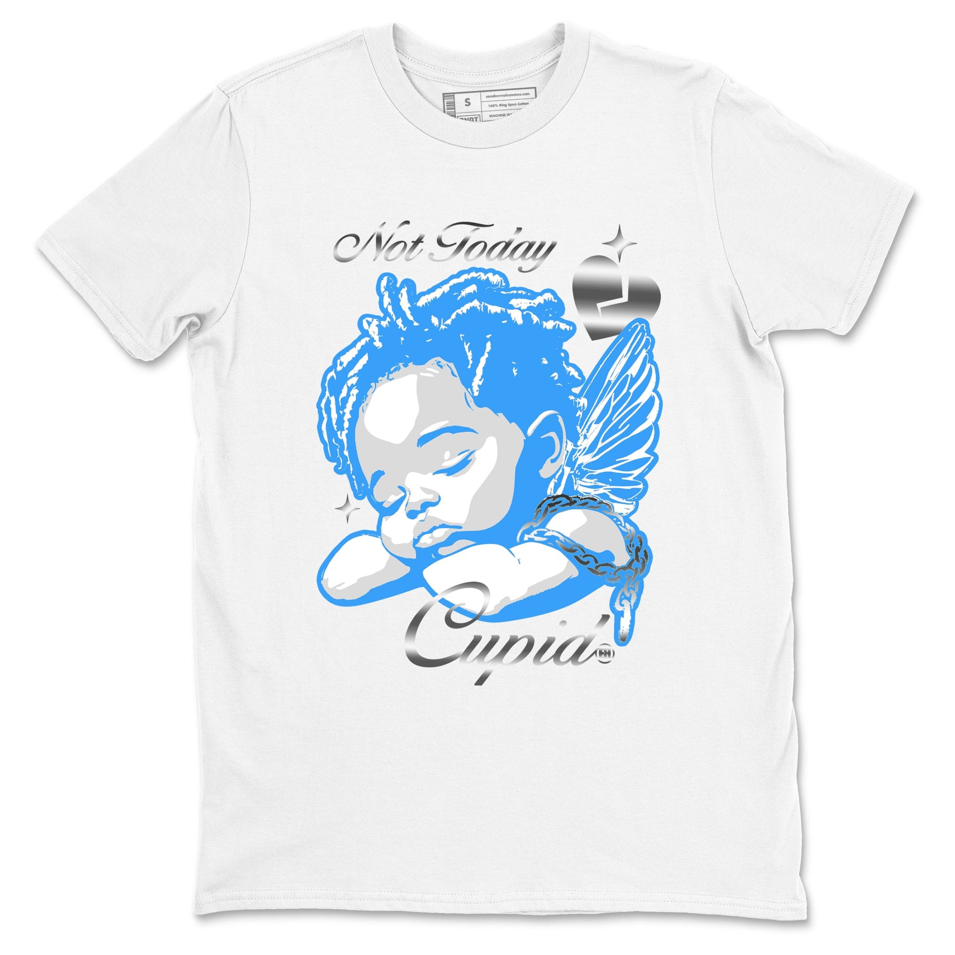 Not Today Cupid sneaker match t-shirt styled to complete your fit with the Air Jordan 12 White and University Blue sneakers, shown in White 2.