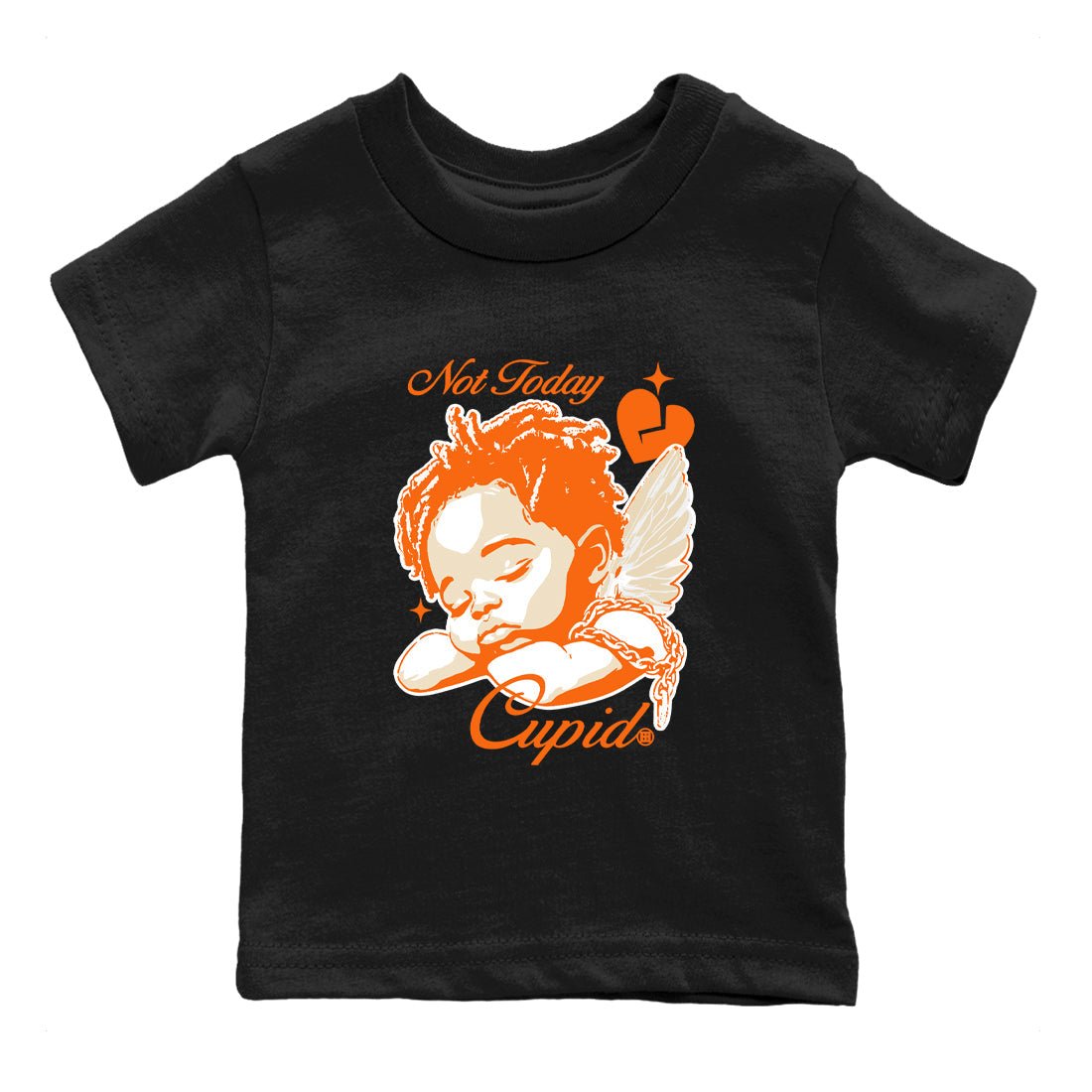 Not Today Cupid baby and kids t-shirt crafted for little sneakerheads to shine with the Air Jordan 3 Starfish sneakers, displayed in Black 2.