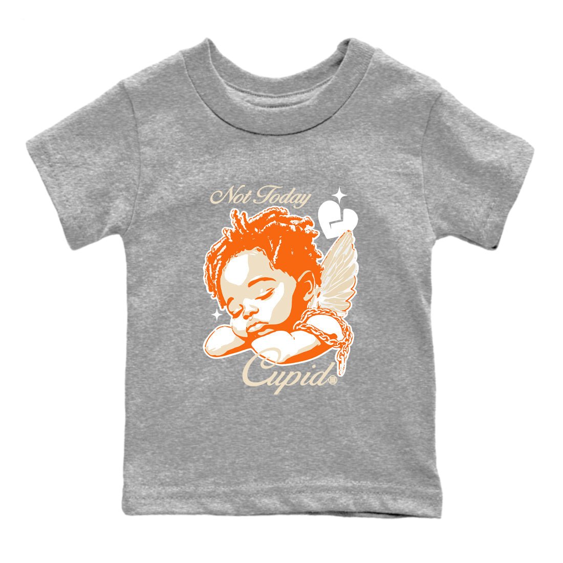 Not Today Cupid baby and kids t-shirt crafted for little sneakerheads to shine with the Air Jordan 3 Starfish sneakers, displayed in Heather Grey 2.
