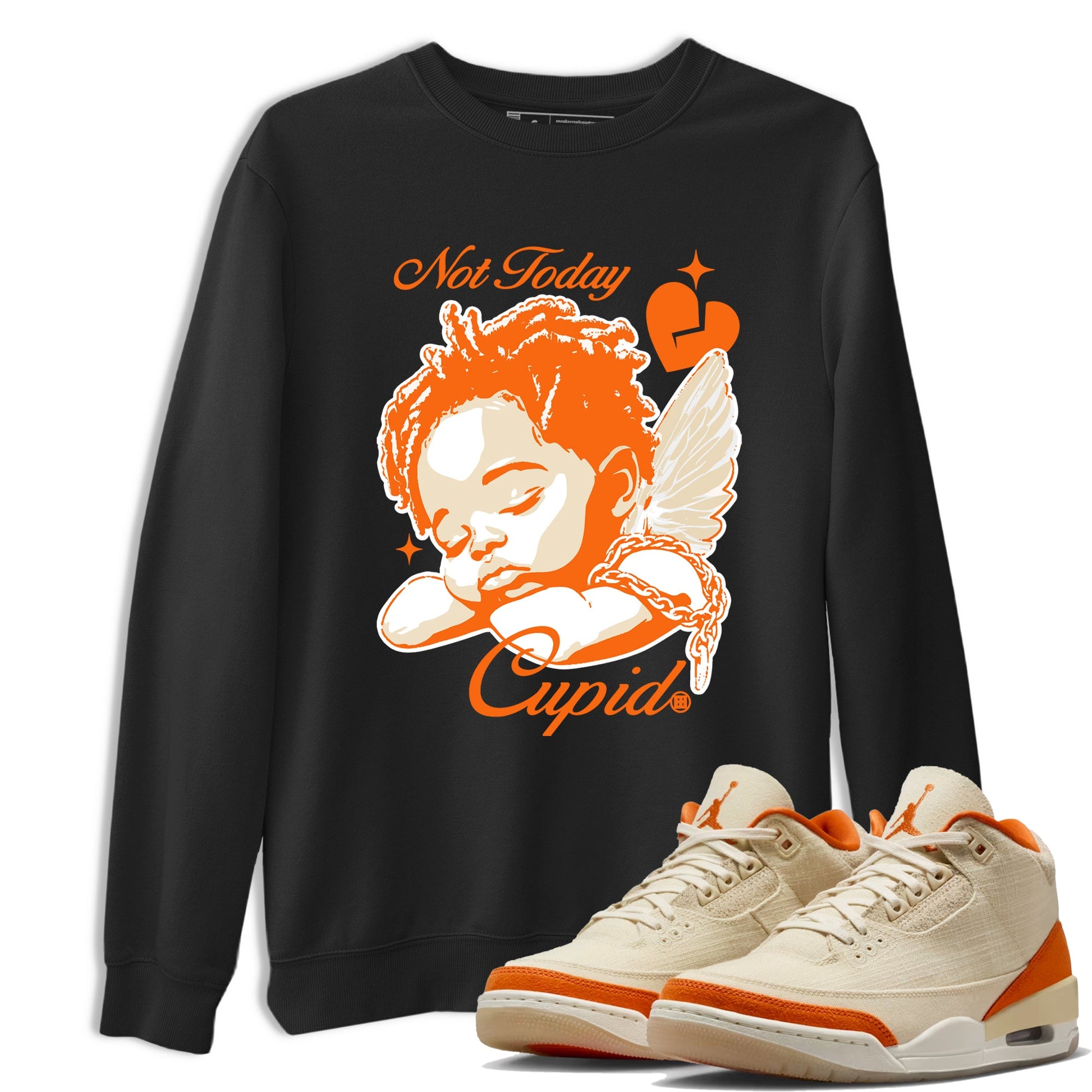 Not Today Cupid sneaker match t-shirt styled to complete your fit with the Air Jordan 3 Starfish sneakers, shown in Black 1.