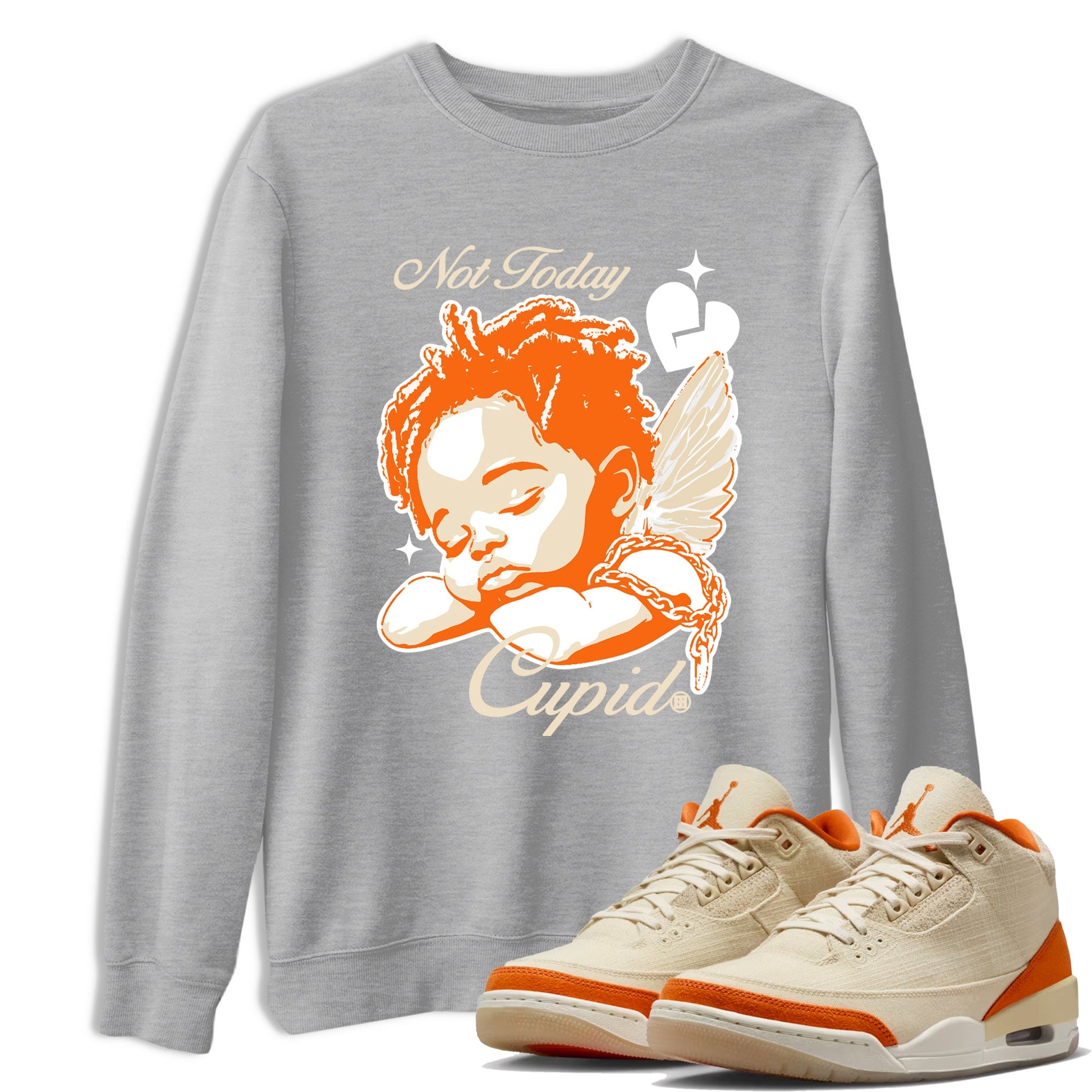 Not Today Cupid sneaker match t-shirt styled to complete your fit with the Air Jordan 3 Starfish sneakers, shown in Heather Grey 1.