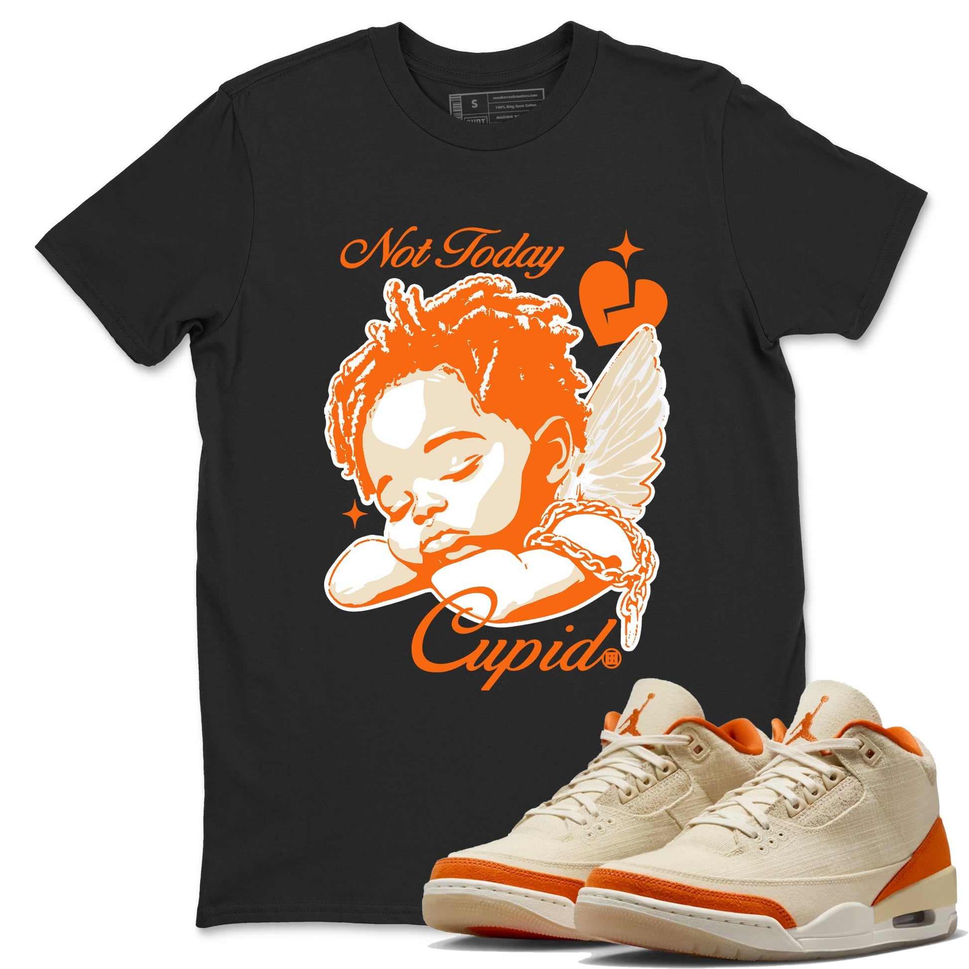 Not Today Cupid sneaker match t-shirt styled to complete your fit with the Air Jordan 3 Starfish sneakers, shown in Black 1.