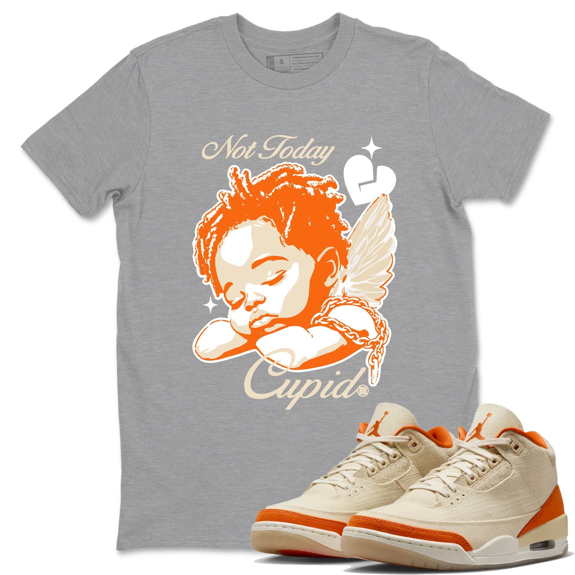 Not Today Cupid sneaker match t-shirt styled to complete your fit with the Air Jordan 3 Starfish sneakers, shown in Heather Grey 1.