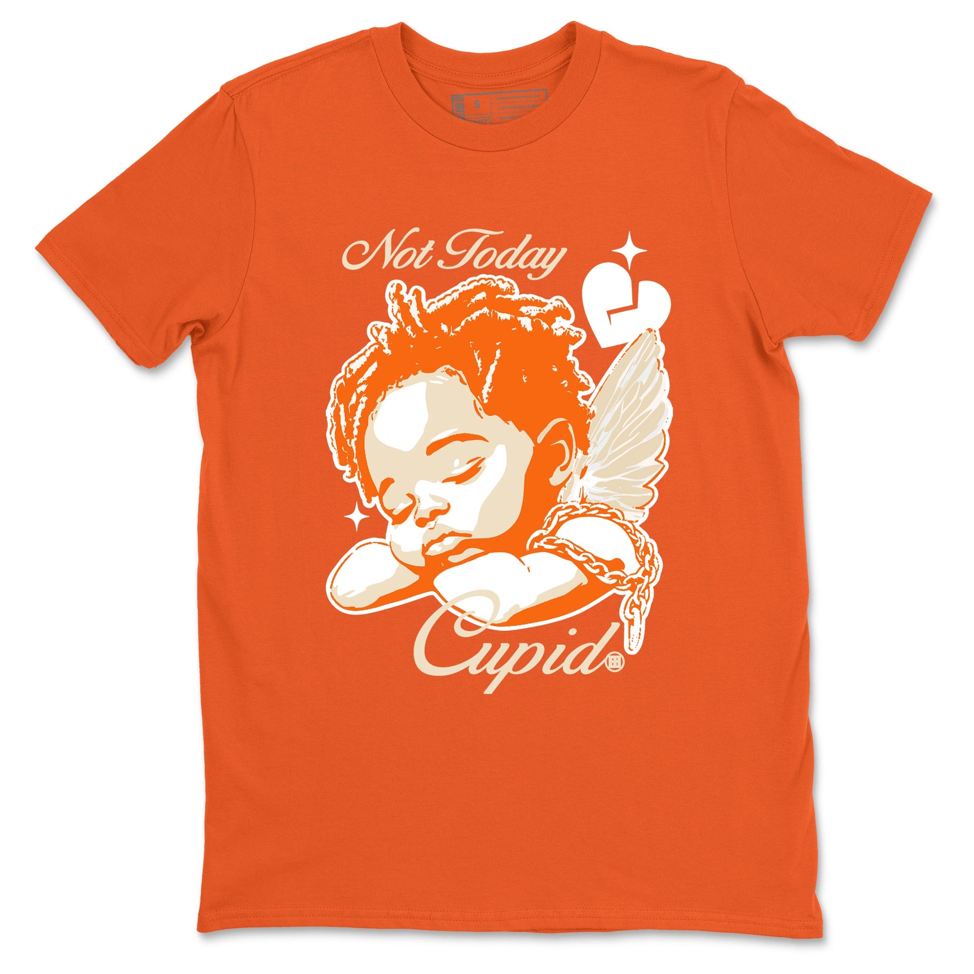 Not Today Cupid sneaker match t-shirt styled to complete your fit with the Air Jordan 3 Starfish sneakers, shown in Orange 2.
