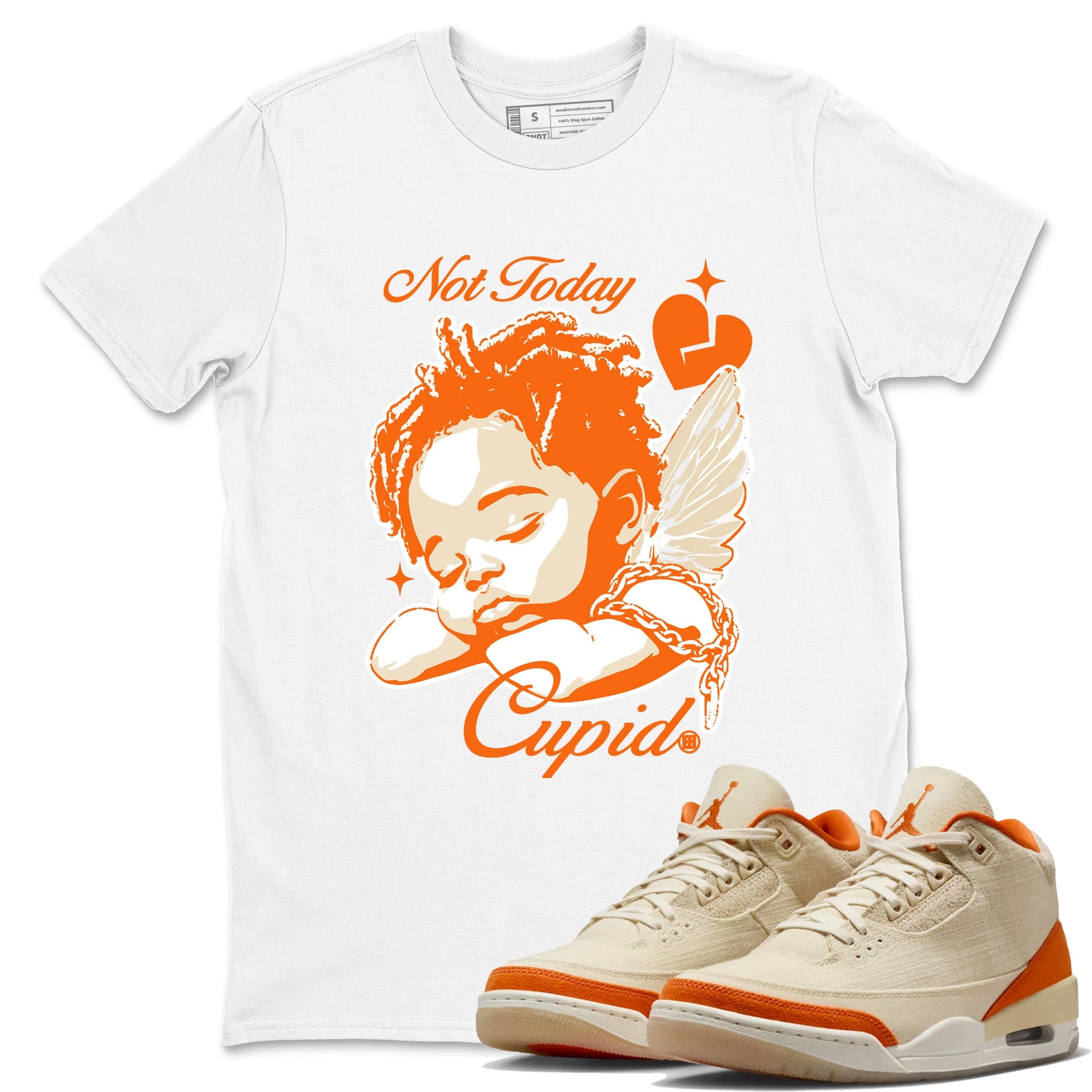 Not Today Cupid sneaker match t-shirt styled to complete your fit with the Air Jordan 3 Starfish sneakers, shown in White 1.