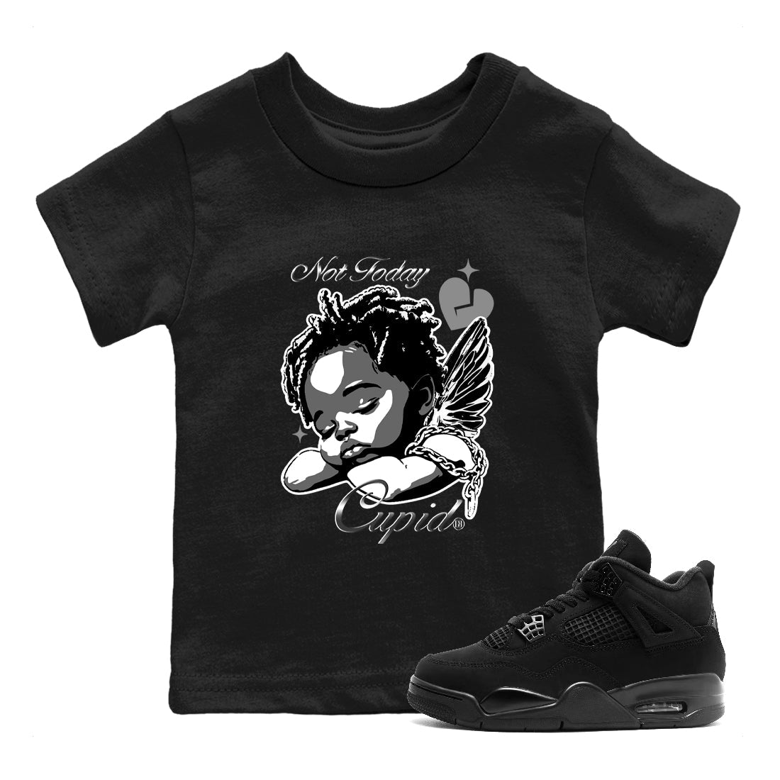 4s Black Cat Sneaker match tees – Sneaker Tees To Match Air Jordan 4 Black Cat Shoes – Not Today Cupid Kids T-Shirt Black 1