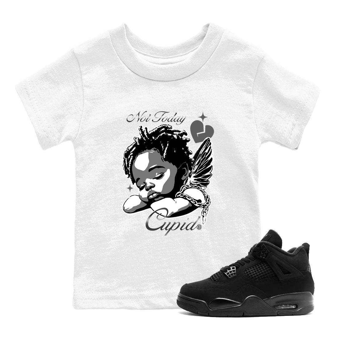 4s Black Cat Sneaker match tees – Sneaker Tees To Match Air Jordan 4 Black Cat Shoes – Not Today Cupid Kids T-Shirt White 1