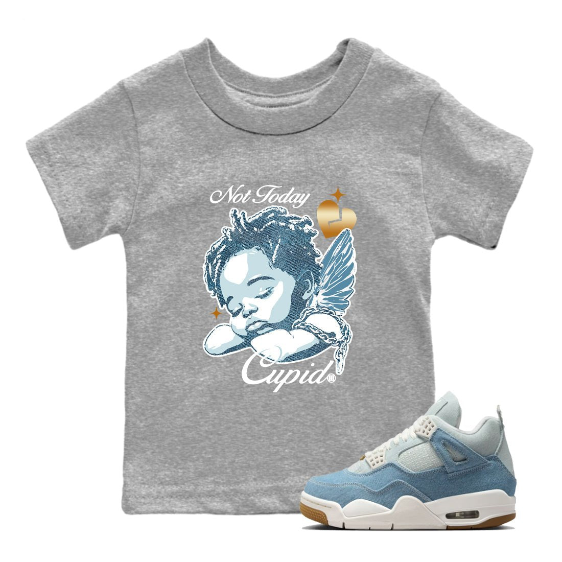 Sneaker match tees – Sneaker Tees To Match 4s Worn Blue Air Jordan 4 Denim Shoes – Not Today Cupid Kids T-Shirt Heather Grey 1