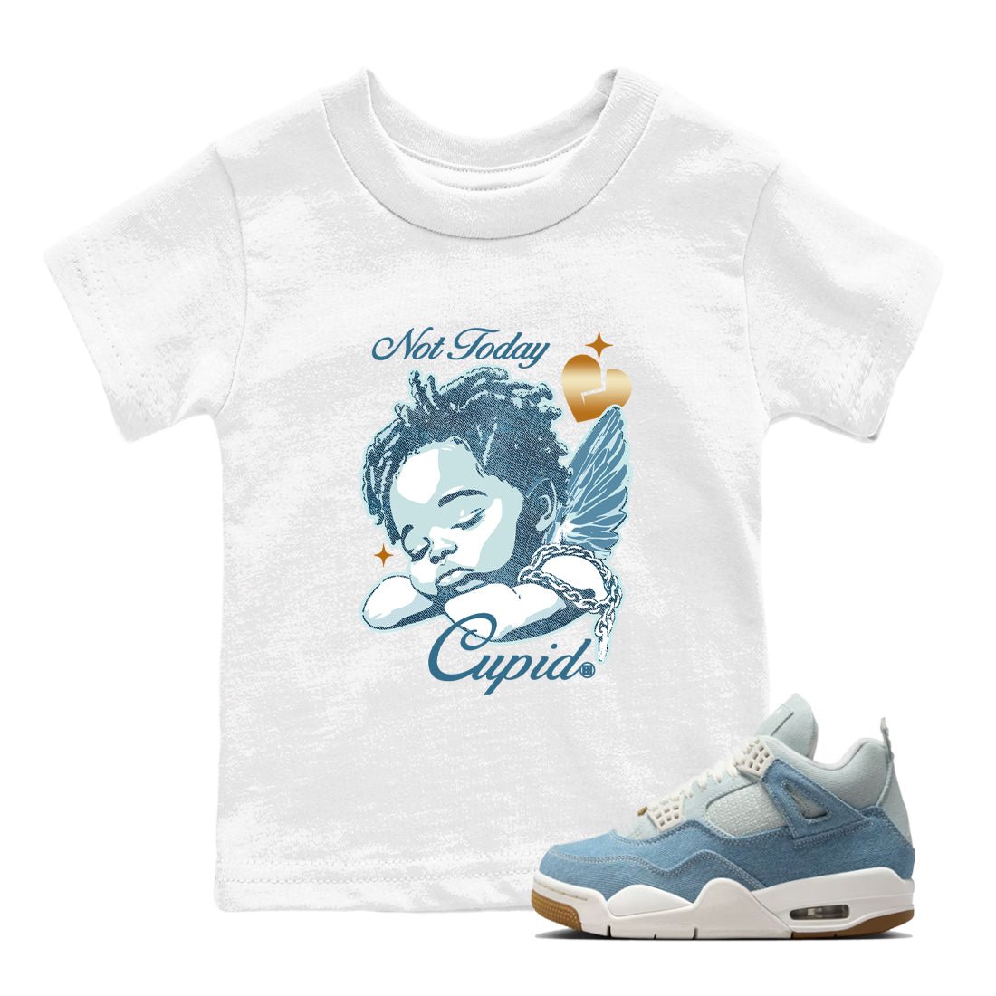 Sneaker match tees – Sneaker Tees To Match 4s Worn Blue Air Jordan 4 Denim Shoes – Not Today Cupid Kids T-Shirt White 1